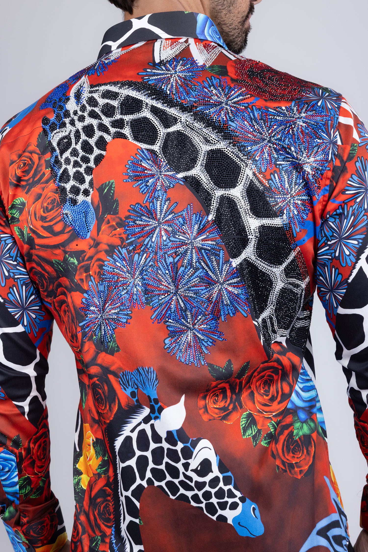 Barabas Men's Rhinestone Zebra Roses Prints Long Sleeve Shirt SPR217 Red