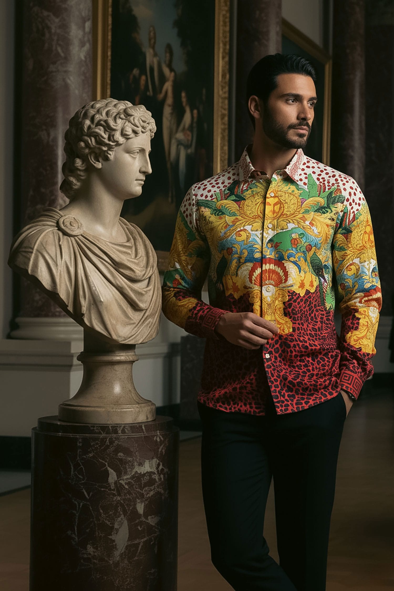 Barabas Men's Rhinestone Medusa Cheetah Long Sleeve Shirt SPR230 Yellow