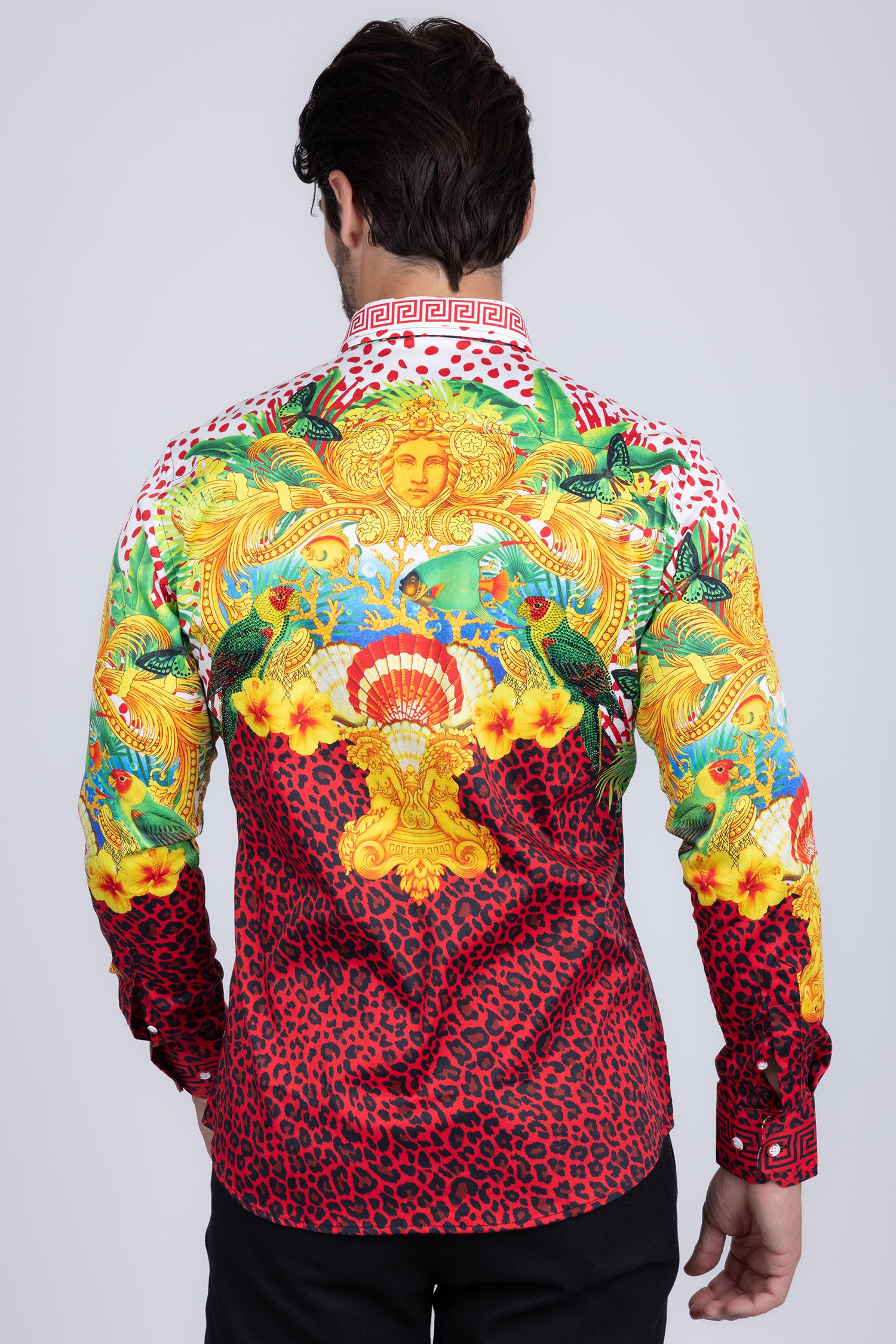Barabas Men's Rhinestone Medusa Cheetah Long Sleeve Shirt SPR230 Green