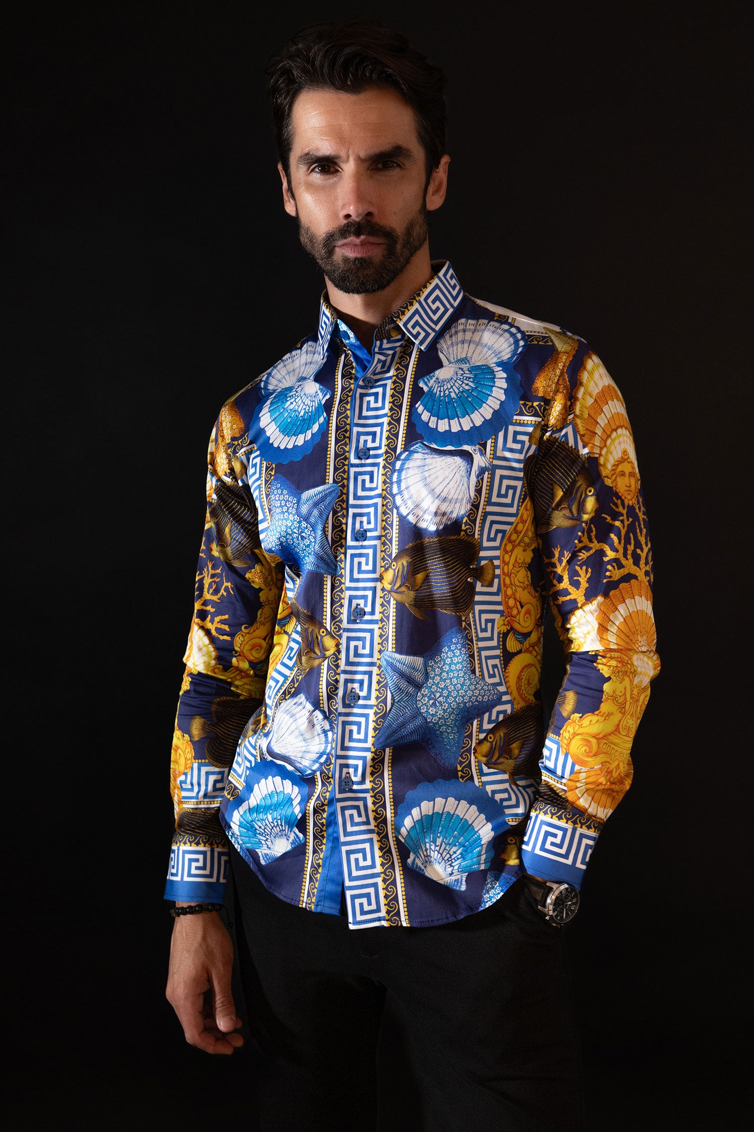 Barabas Men's Rhinestone Sea Animals Prints Long Sleeve Shirt SPR233 Blue