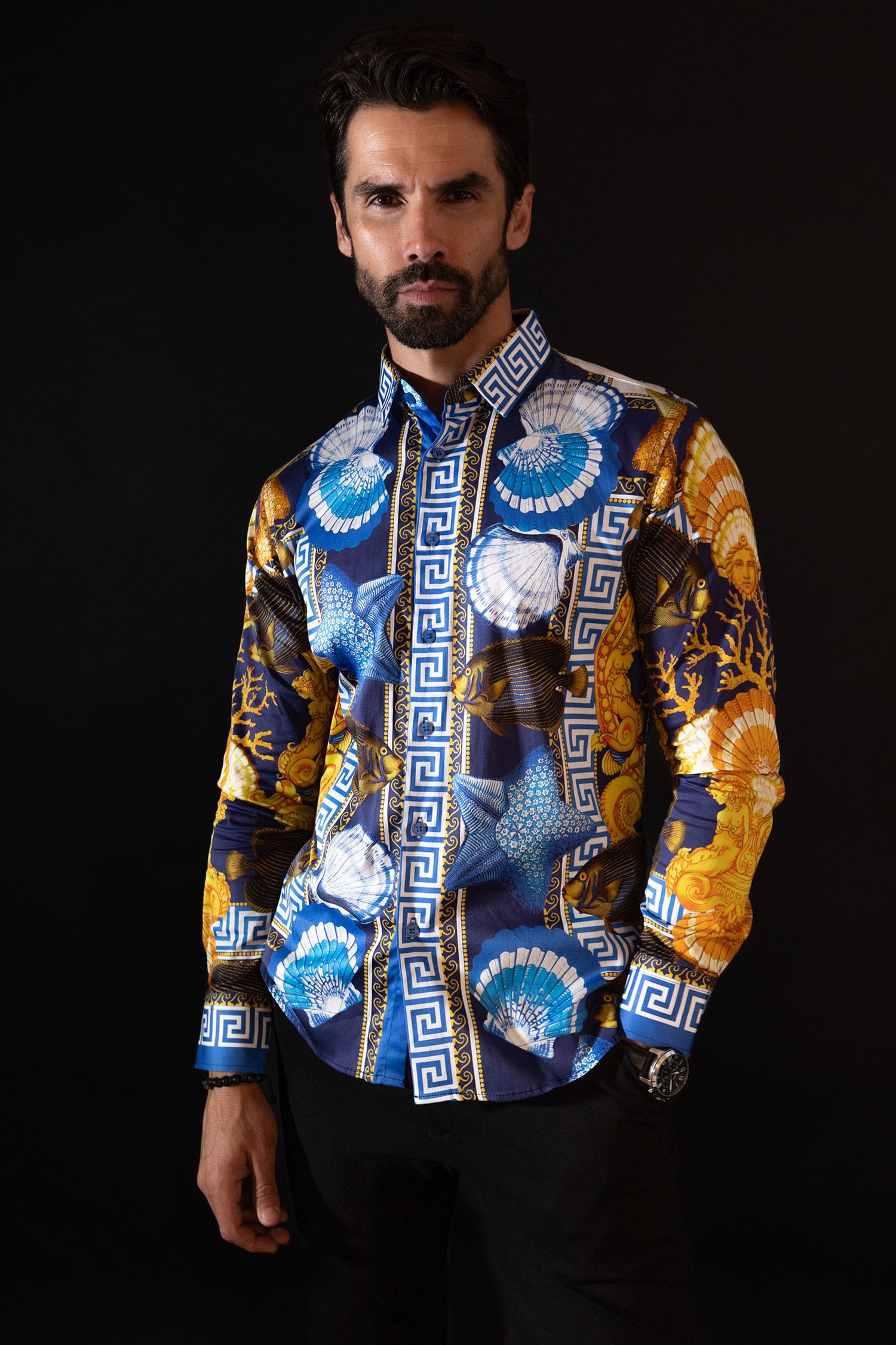Barabas Men's Rhinestone Sea Animals Prints Long Sleeve Shirt SPR233 Blue