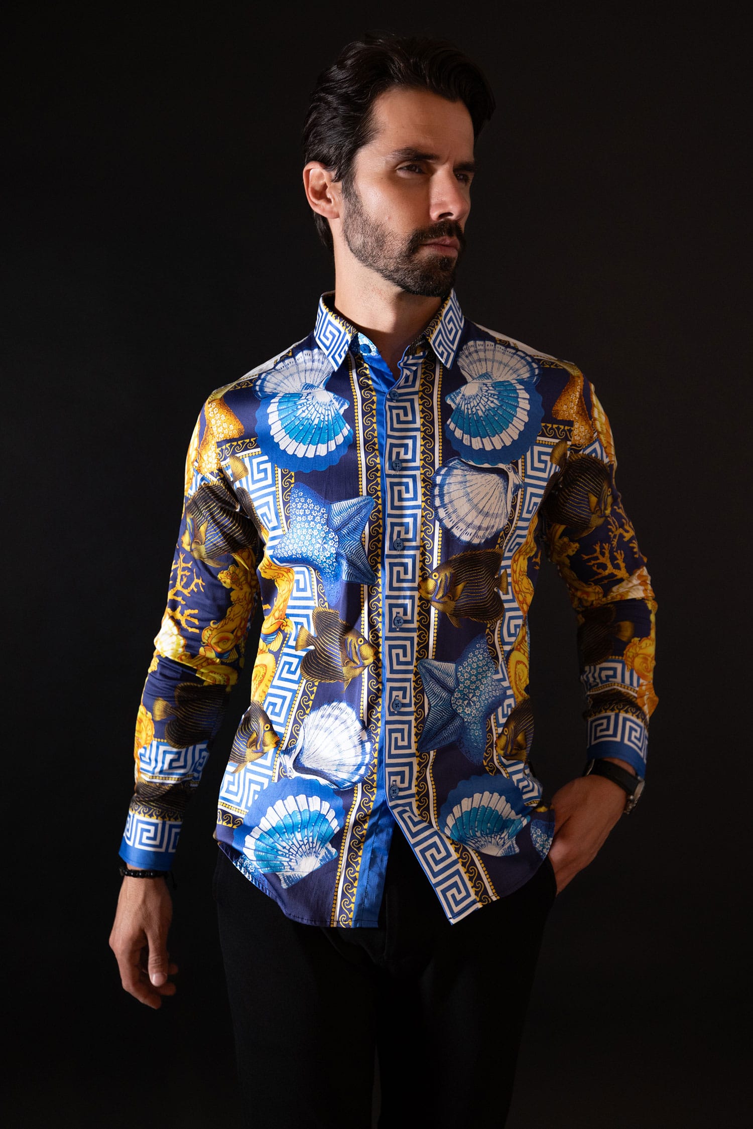 Barabas Men's Rhinestone Sea Animals Prints Long Sleeve Shirt SPR233 Blue