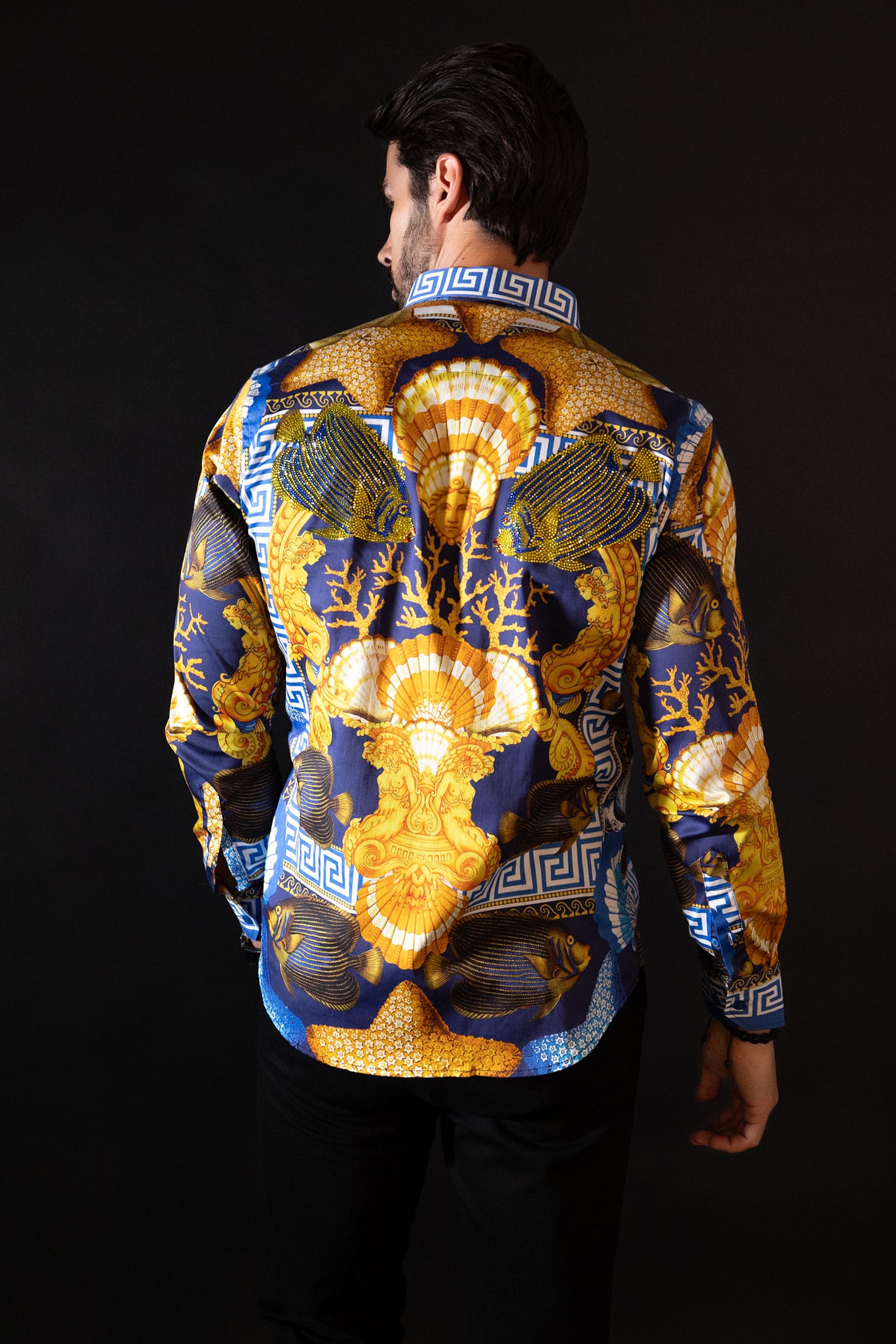 Barabas Men's Rhinestone Sea Animals Prints Long Sleeve Shirt SPR233 Blue