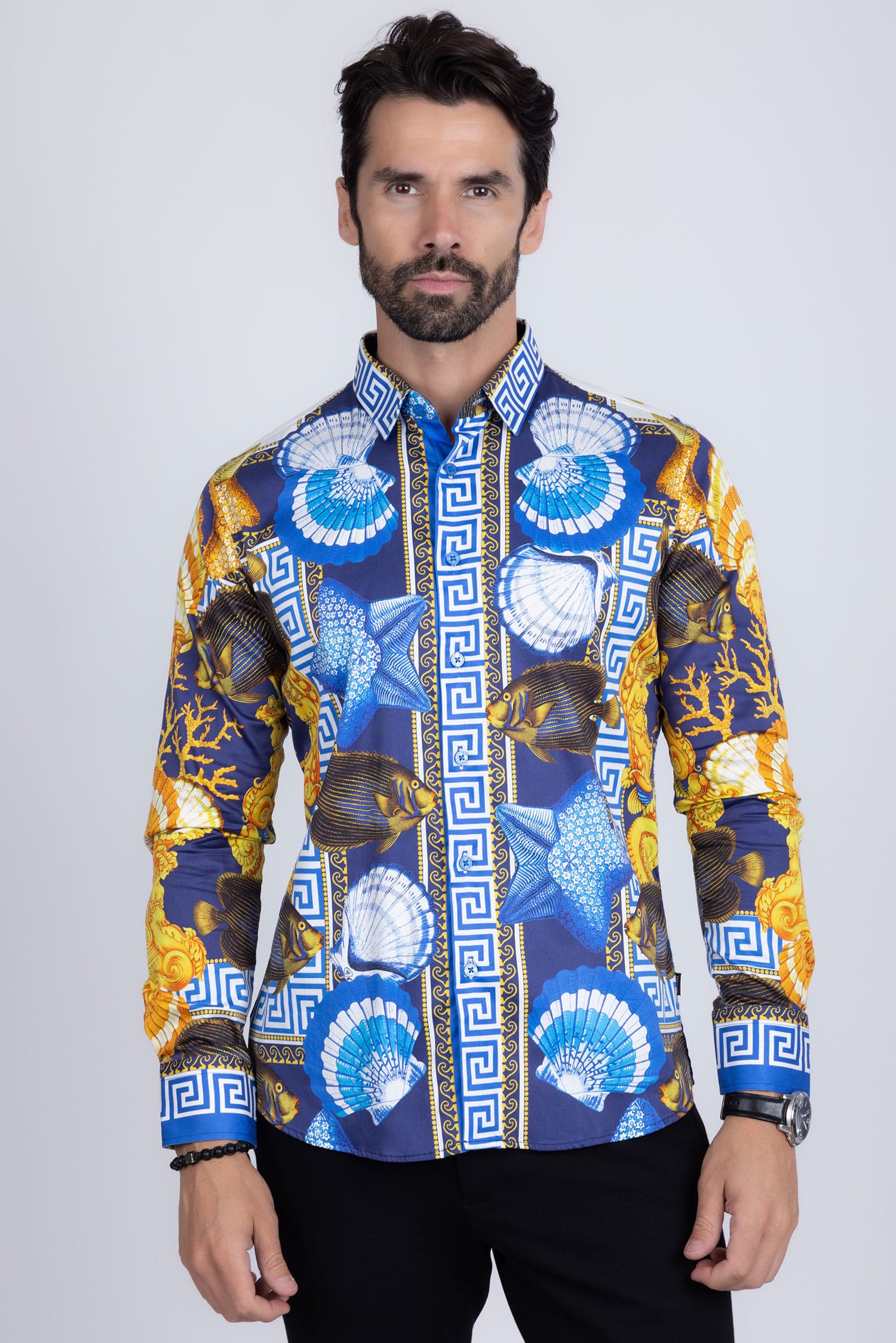 Barabas Men's Rhinestone Sea Animals Prints Long Sleeve Shirt SPR233 Blue