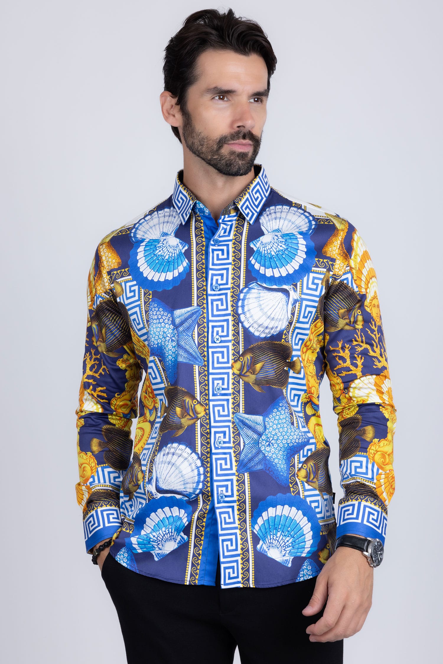 Barabas Men's Rhinestone Sea Animals Prints Long Sleeve Shirt SPR233 Blue