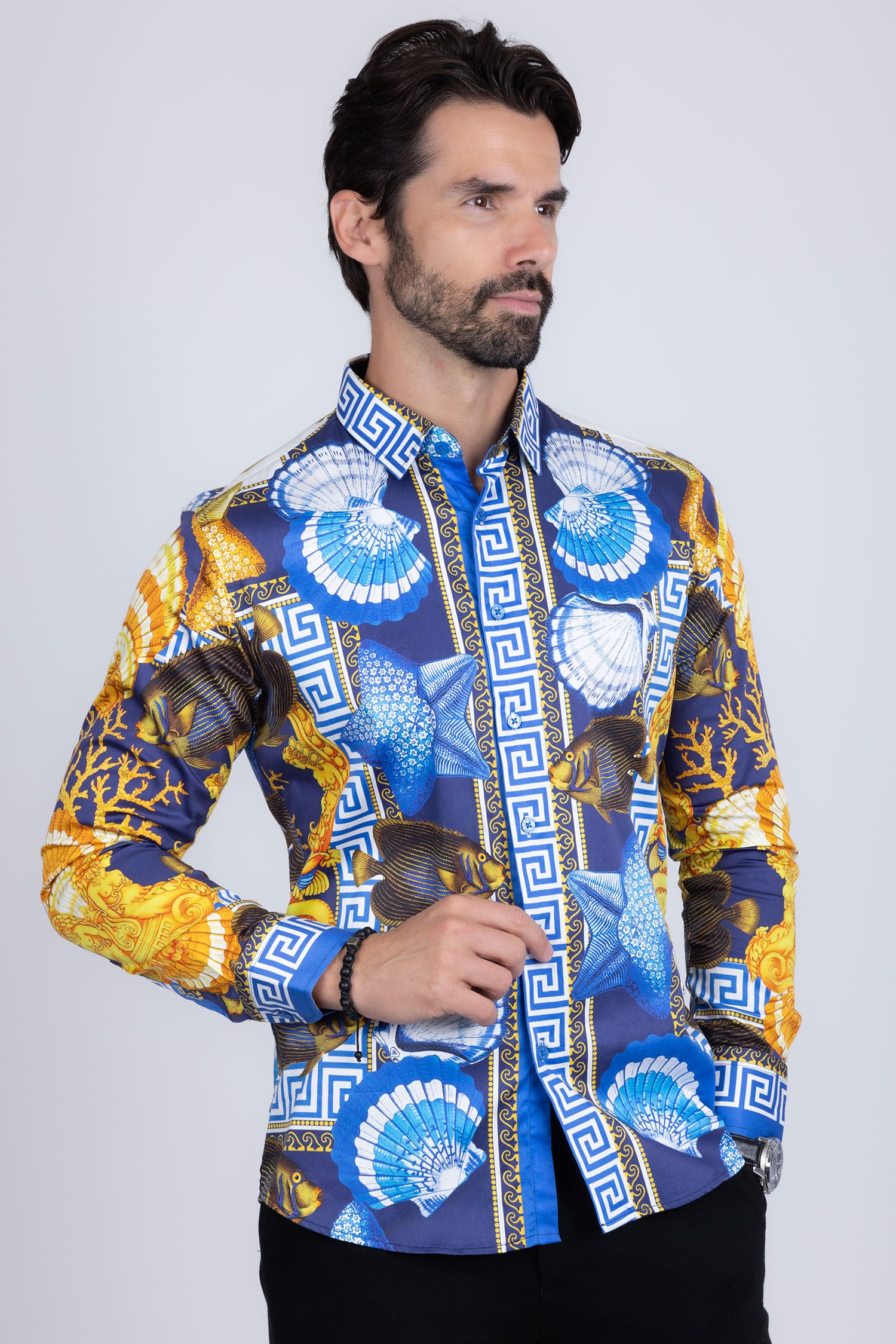 Barabas Men's Rhinestone Sea Animals Prints Long Sleeve Shirt SPR233 Multi Colored