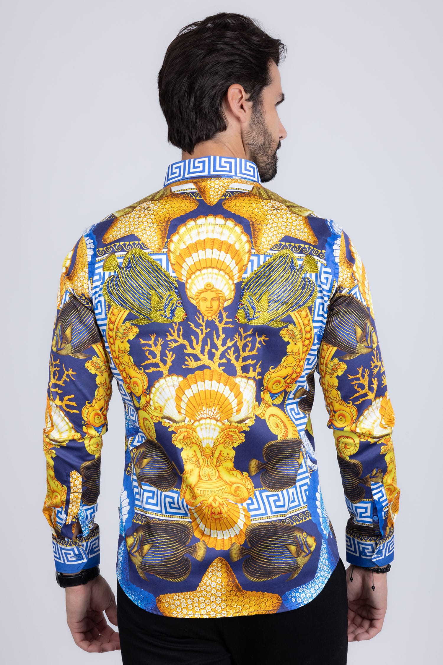 Barabas Men's Rhinestone Sea Animals Prints Long Sleeve Shirt SPR233 Blue