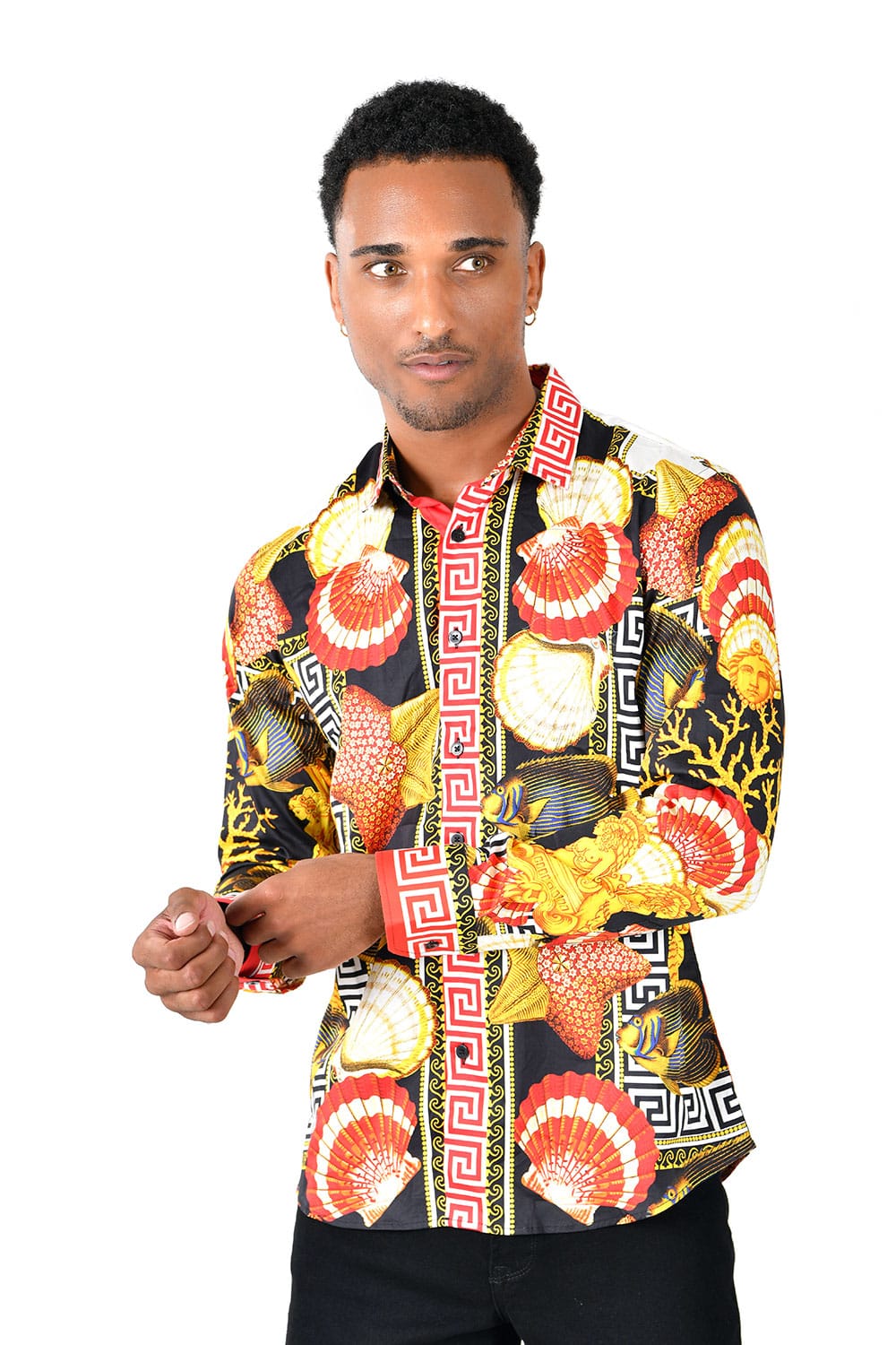Barabas Men's Rhinestone Sea Animals Prints Long Sleeve Shirt SPR233 Multi Colored