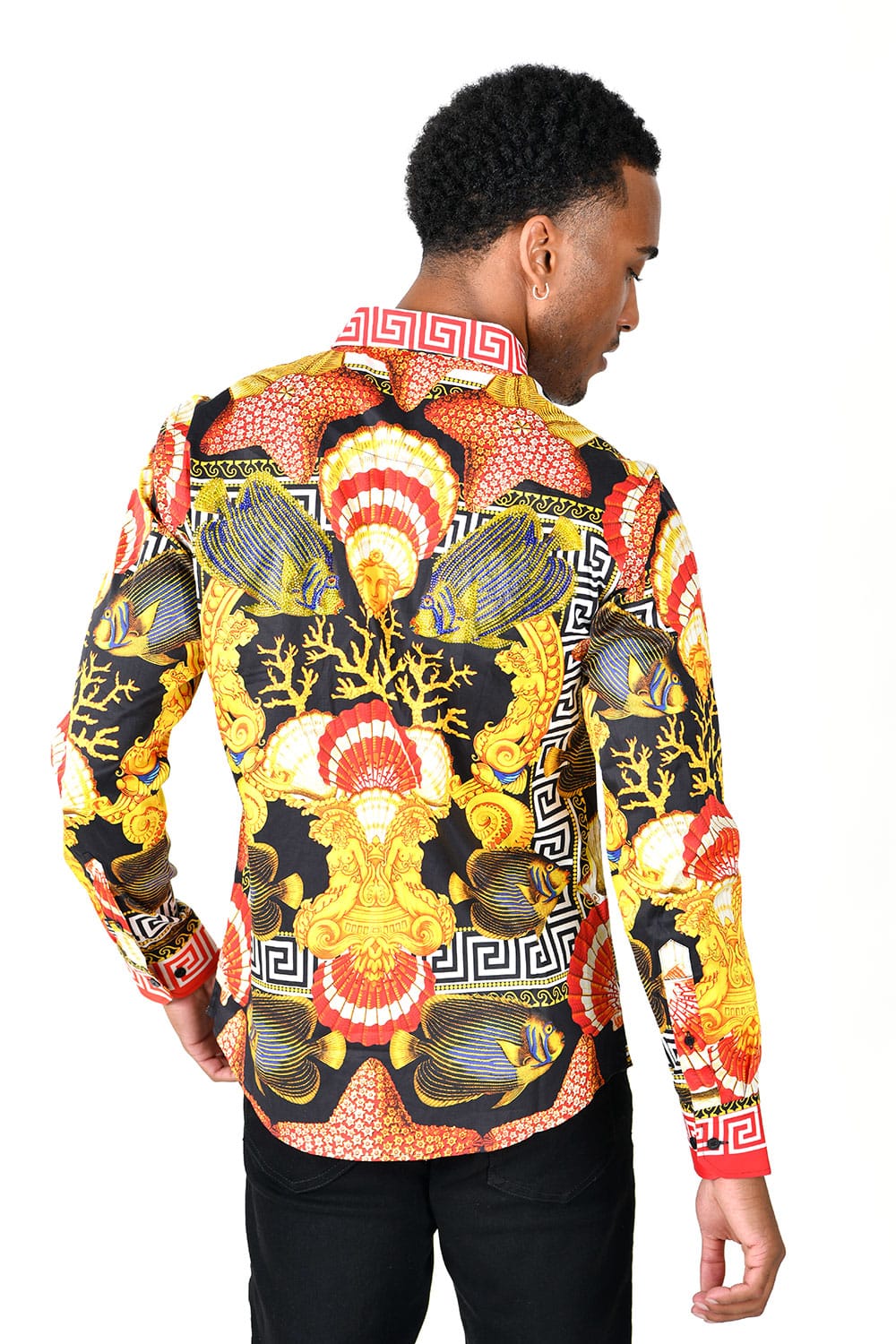 Barabas Men's Rhinestone Sea Animals Prints Long Sleeve Shirt SPR233 Red