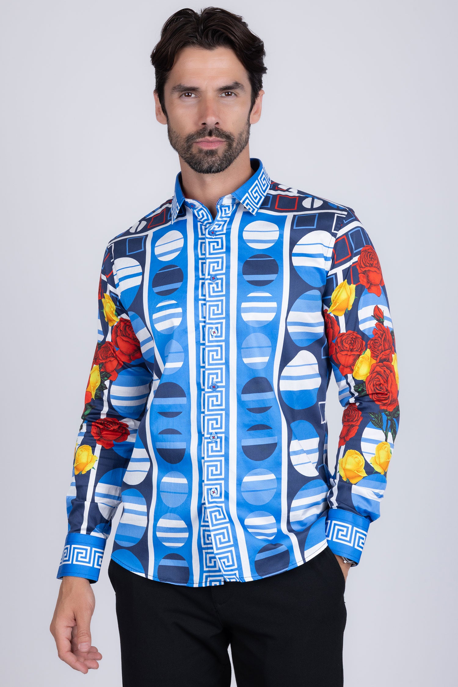 Barabas Men's Rhinestone Floral Geometric Long Sleeve Shirt SPR235 Blue