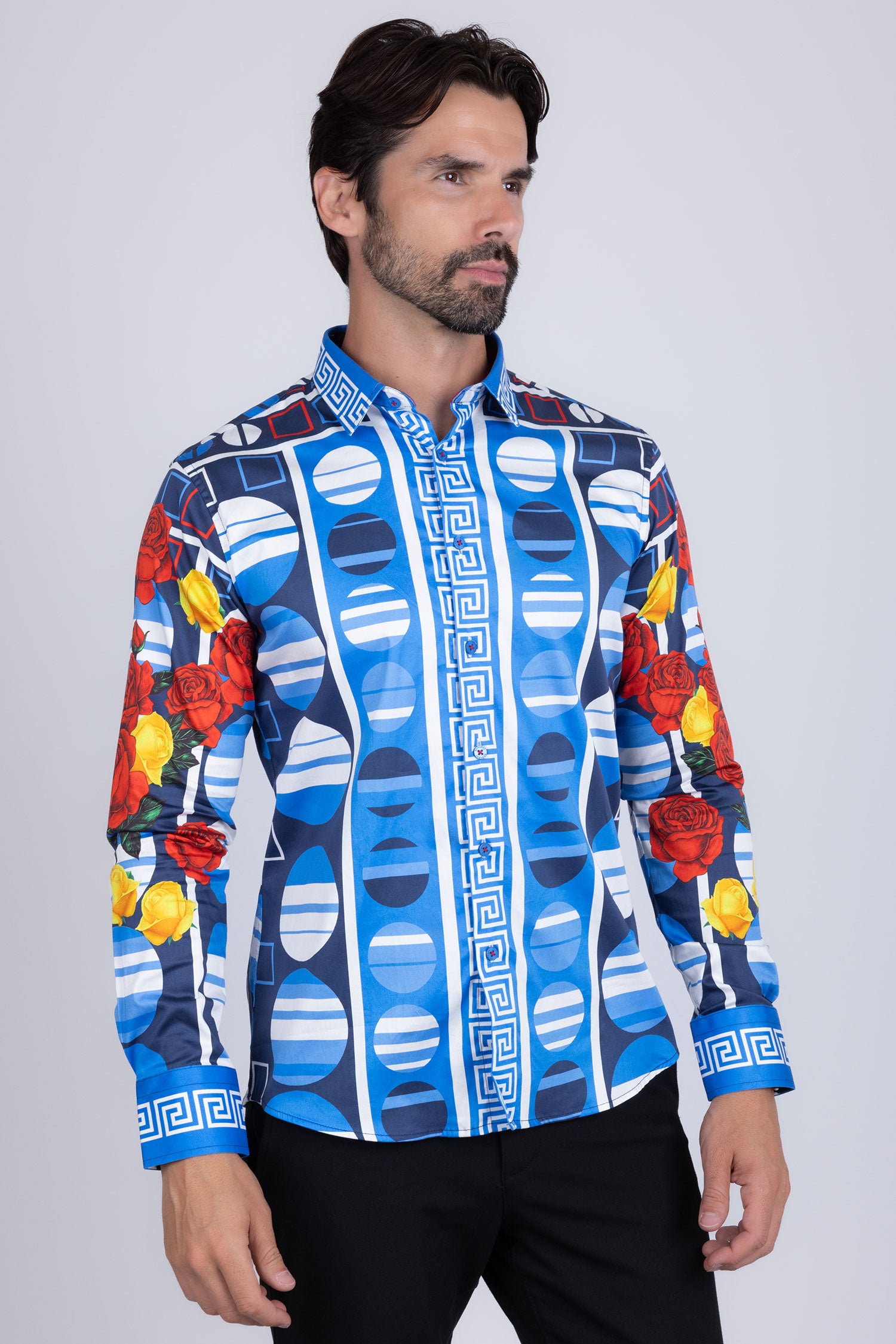 Barabas Men's Rhinestone Floral Geometric Long Sleeve Shirt SPR235 Red
