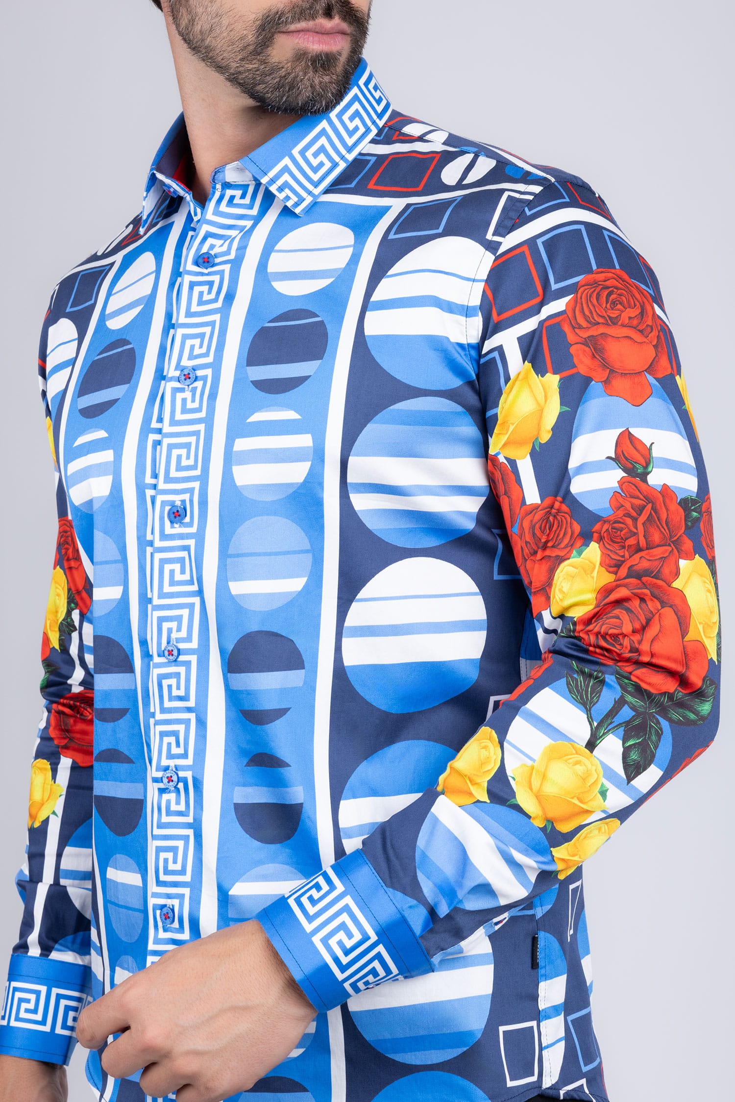 Barabas Men's Rhinestone Floral Geometric Long Sleeve Shirt SPR235 Blue