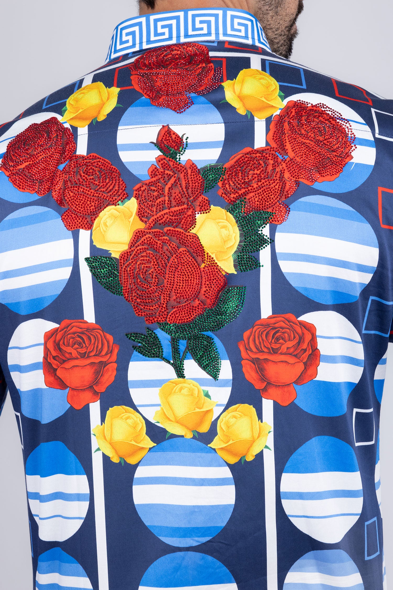 Barabas Men's Rhinestone Floral Geometric Long Sleeve Shirt SPR235 Blue