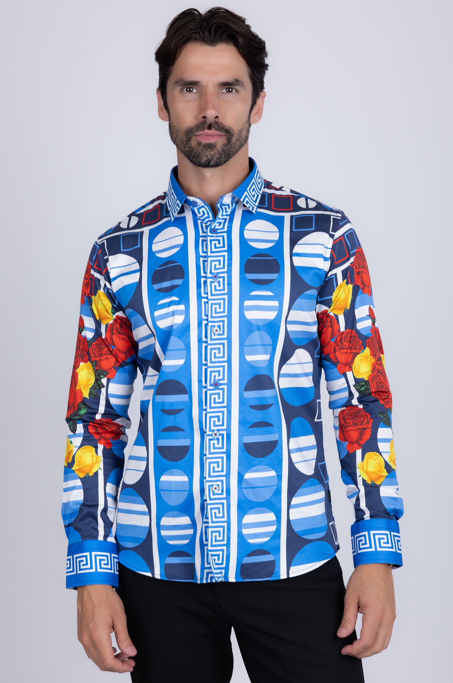 Barabas Men's Rhinestone Floral Geometric Long Sleeve Shirt SPR235 Blue