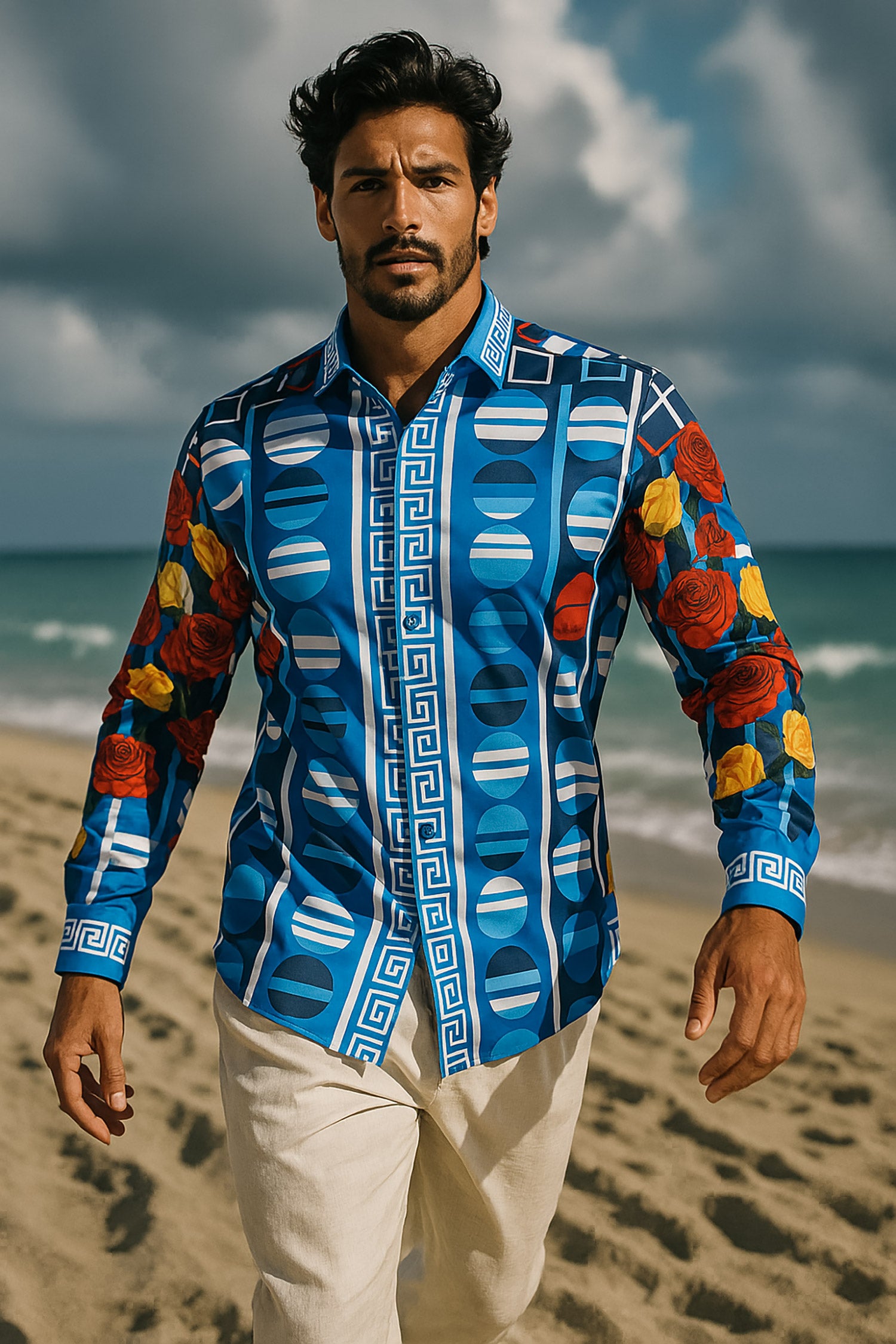 Barabas Men's Rhinestone Floral Geometric Long Sleeve Shirt SPR235 Blue