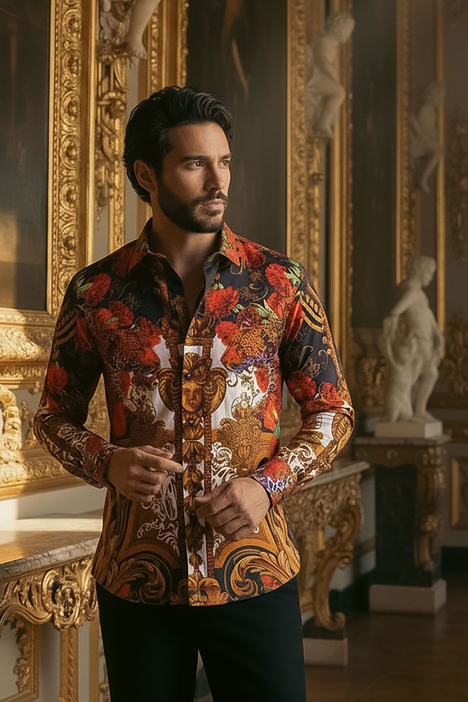 Barabas Men's Rhinestone Medusa Floral Prints Long Sleeve Shirt SPR262 Red