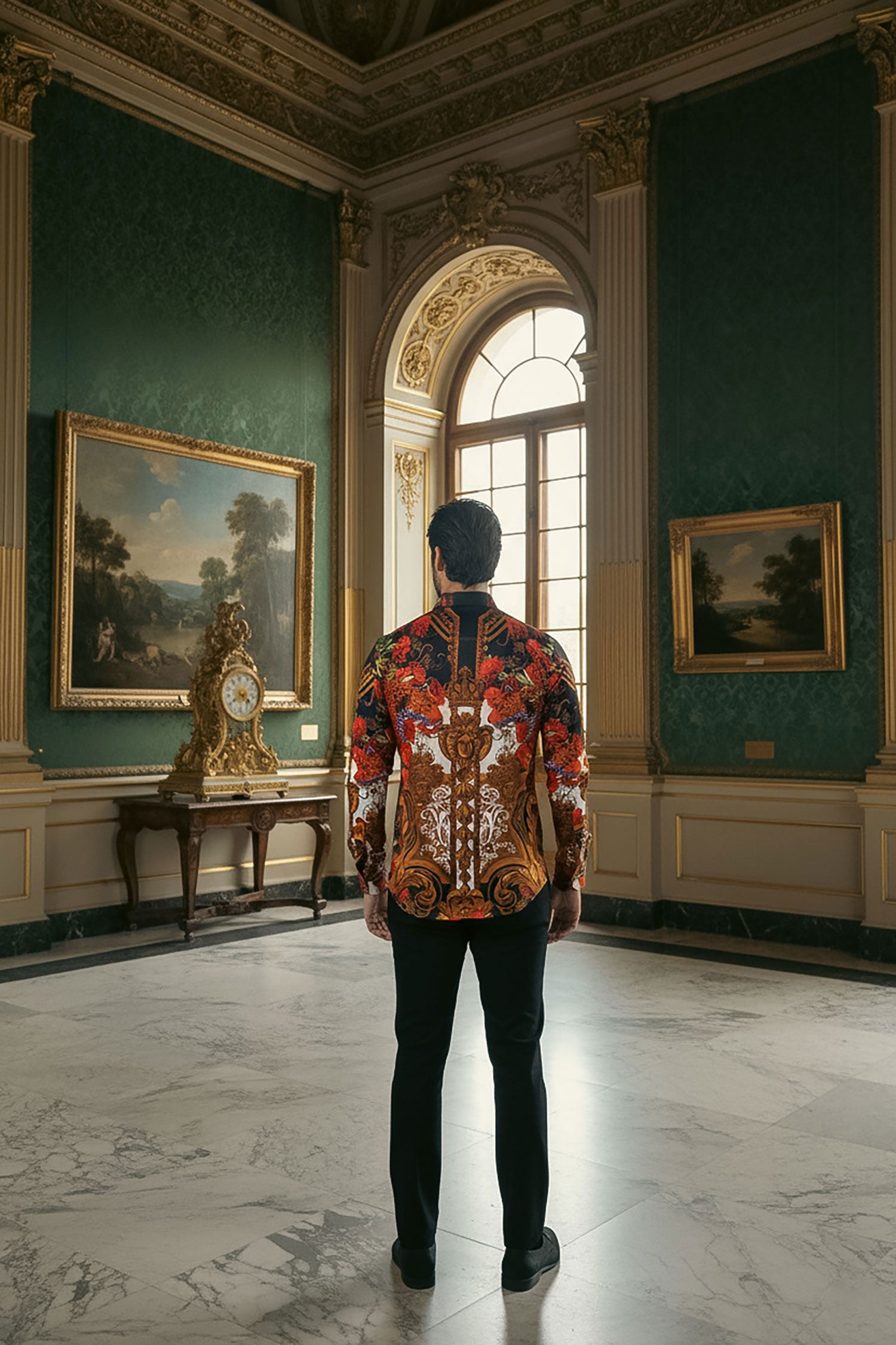 Barabas Men's Rhinestone Medusa Floral Prints Long Sleeve Shirt SPR262 Red