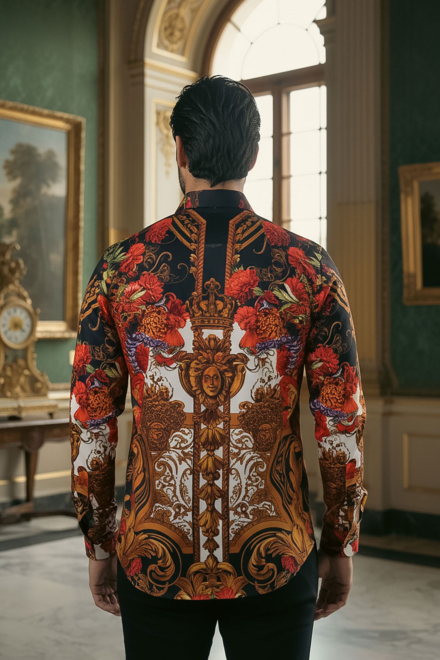Barabas Men's Rhinestone Medusa Floral Prints Long Sleeve Shirt SPR262 Red