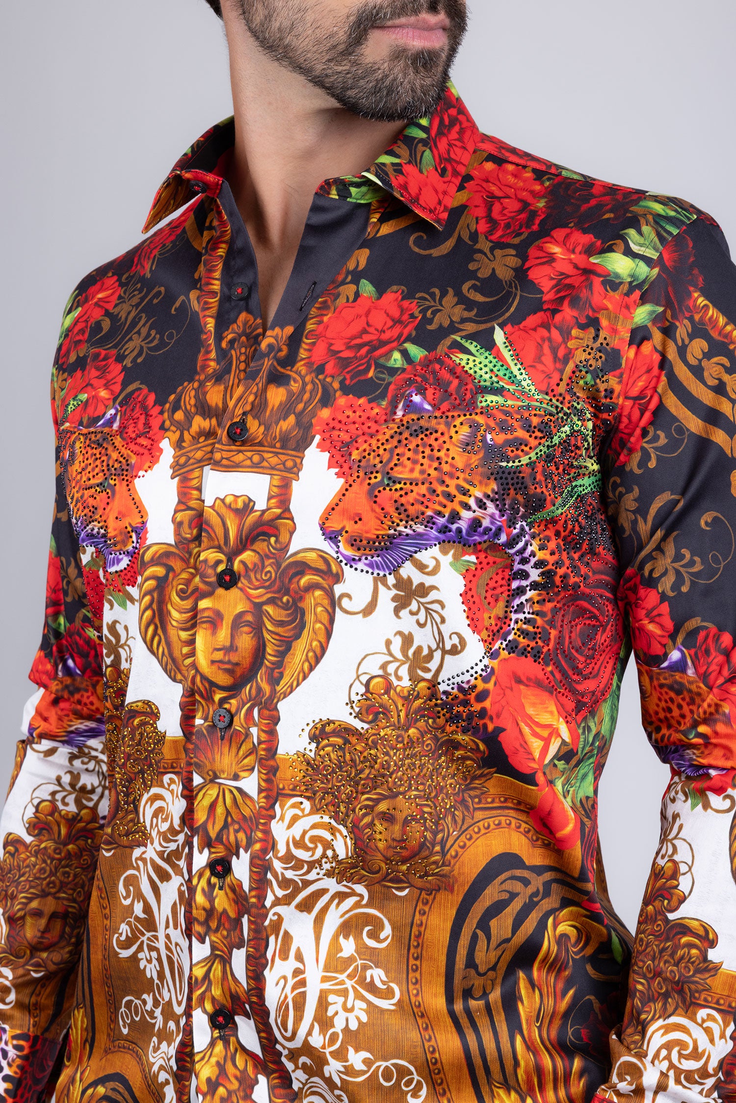 Barabas Men's Rhinestone Medusa Floral Prints Long Sleeve Shirt SPR262 Red