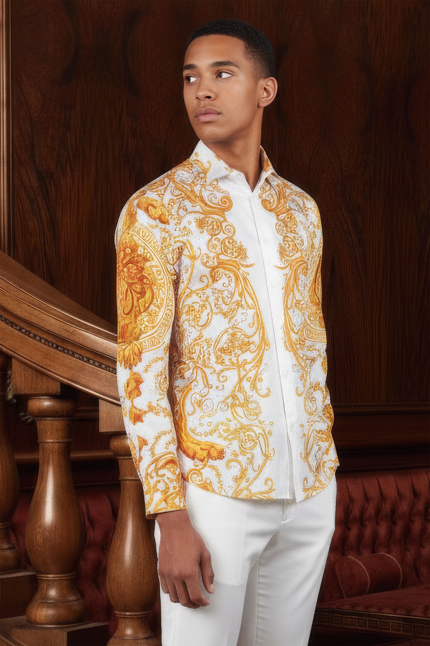 BARABAS Men Medusa Floral Print Design Button Down Luxury Shirt SPR265 White