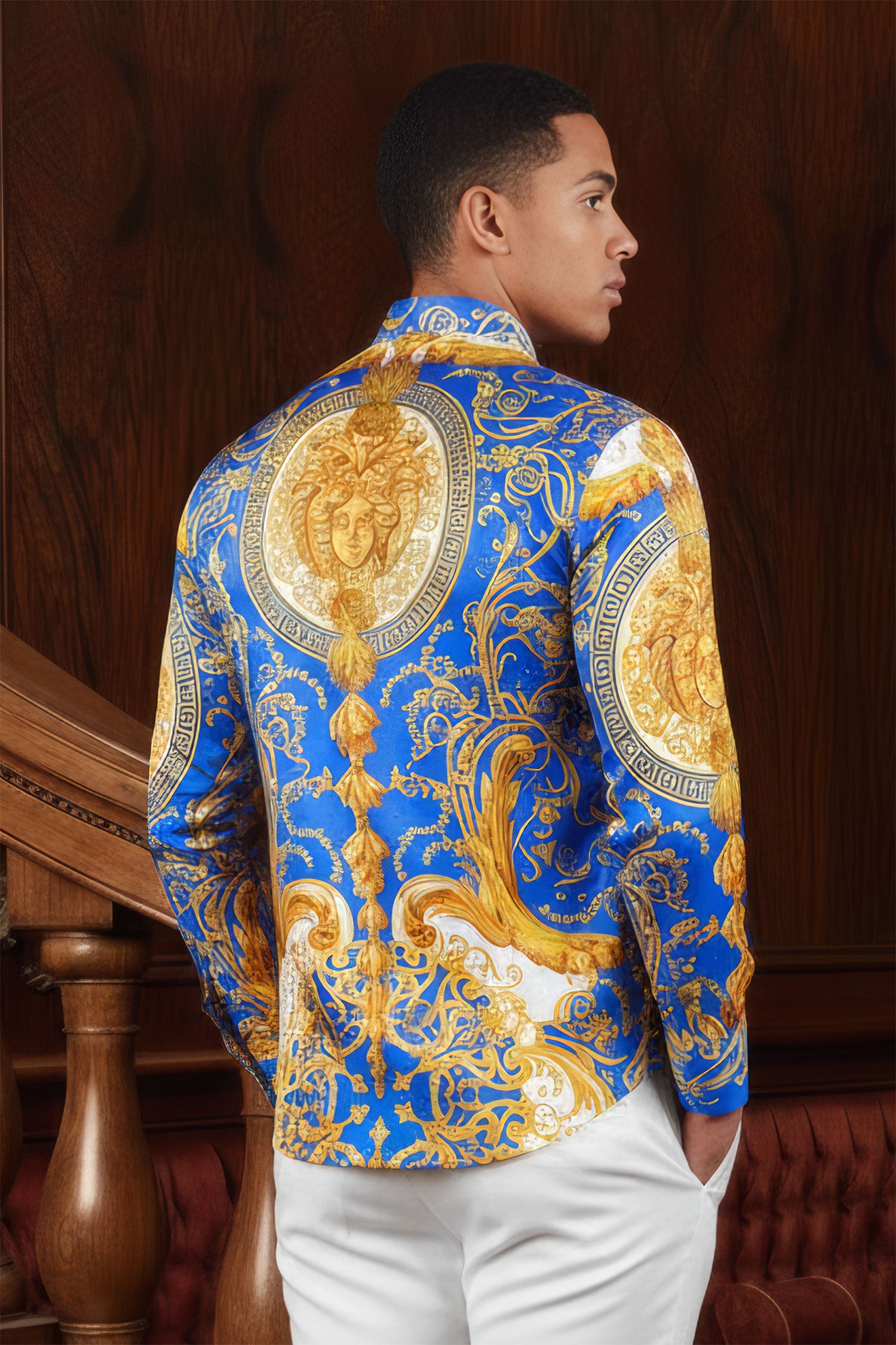BARABAS Men Medusa Floral Print Design Button Down Luxury Shirt SPR265 Royal Blue