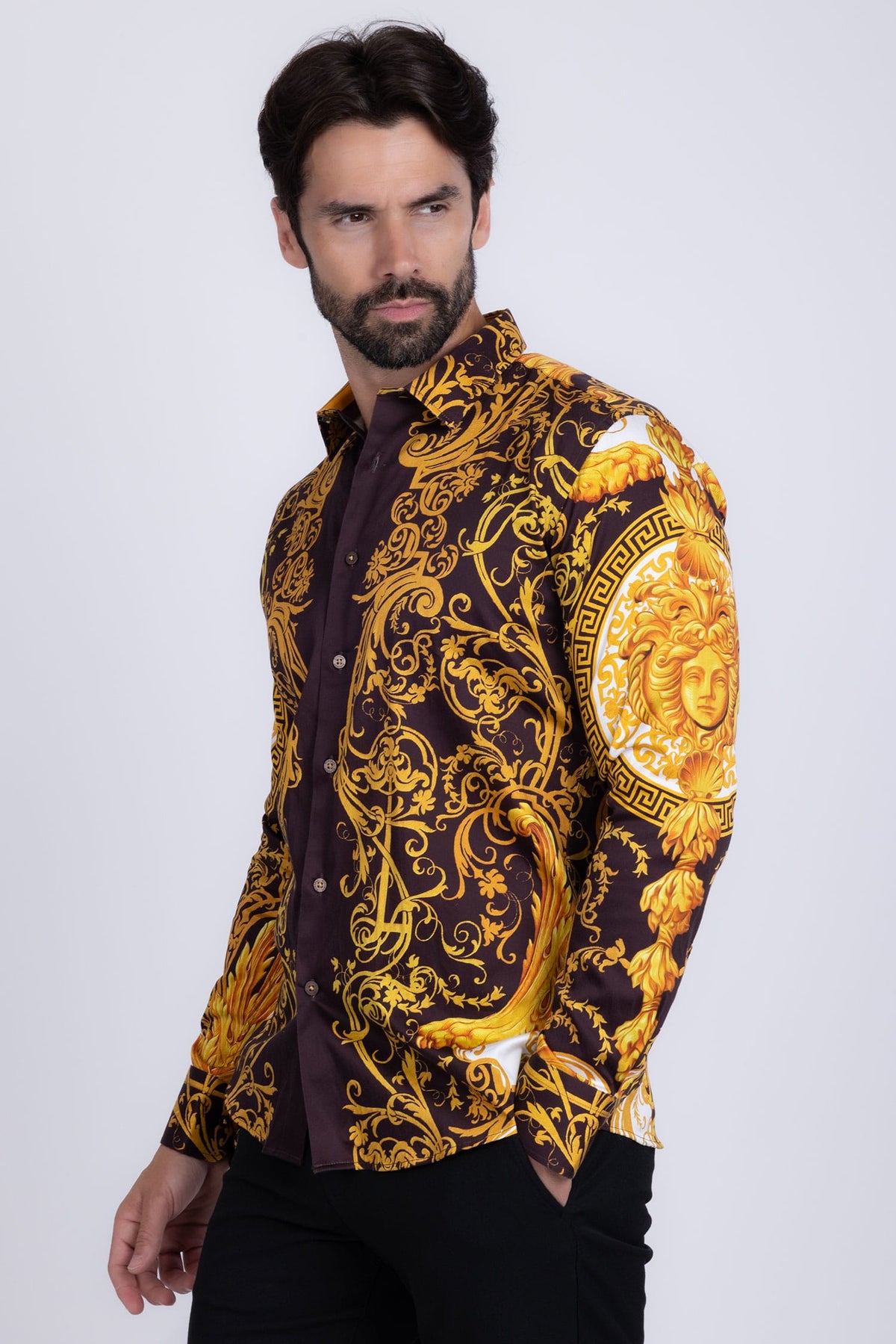 BARABAS Men Medusa Floral Print Design Button Down Luxury Shirt SPR265 #Color_Brown