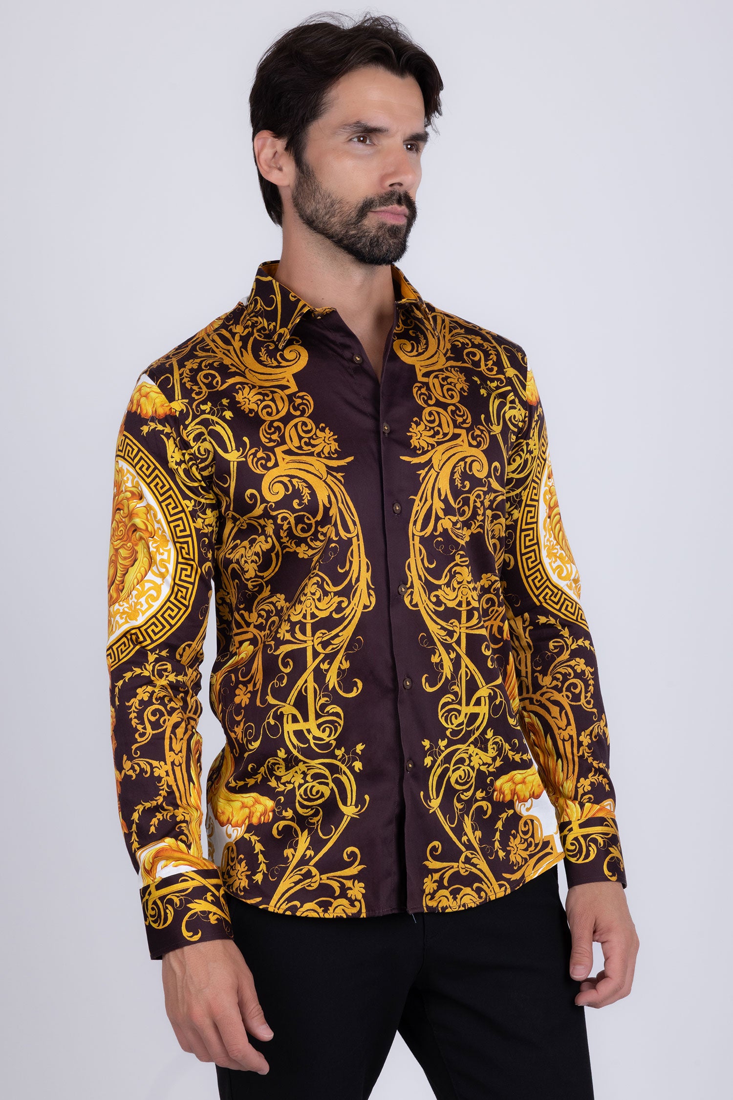 BARABAS Men Medusa Floral Print Design Button Down Luxury Shirt SPR265 Brown