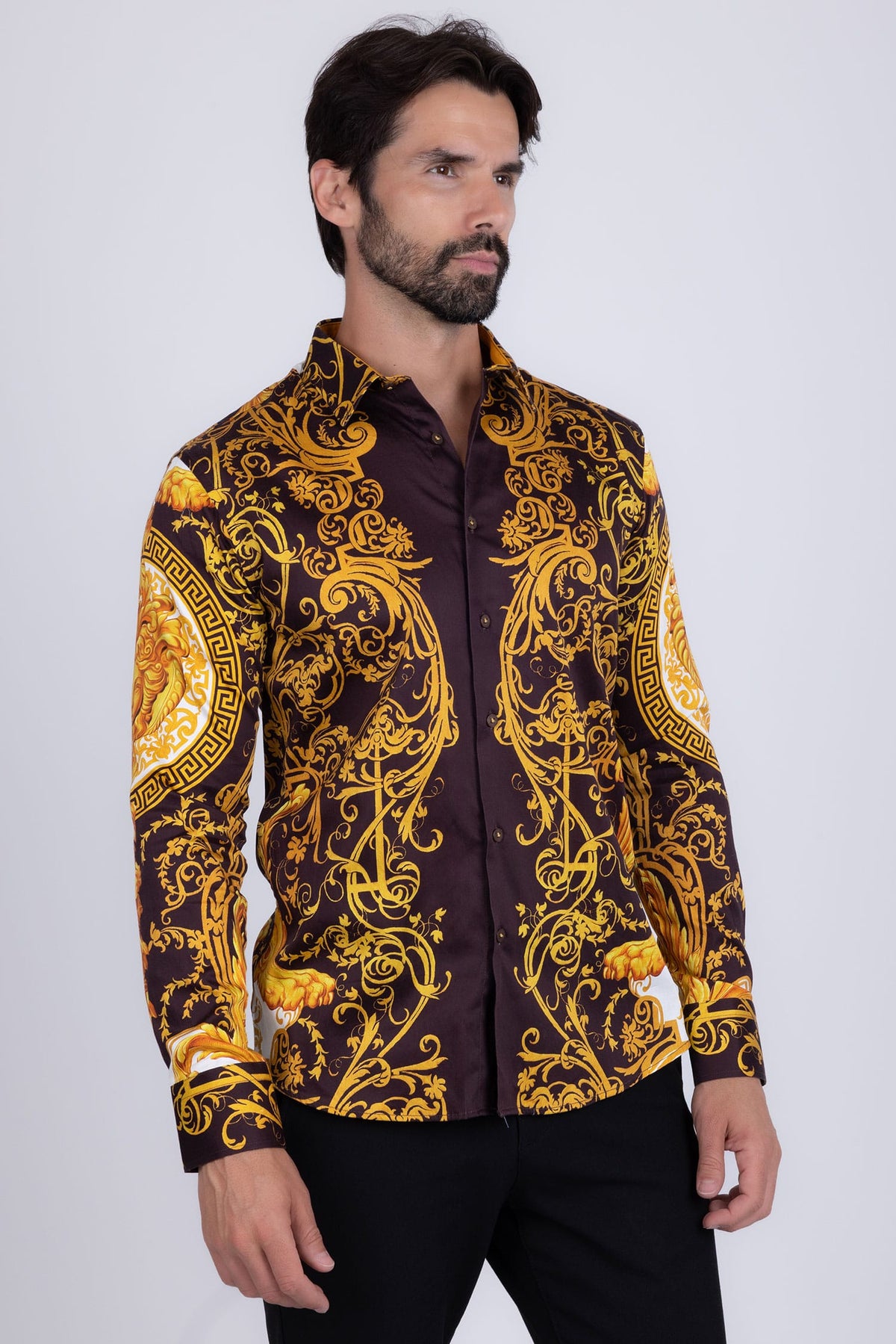 BARABAS Men Medusa Floral Print Design Button Down Luxury Shirt SPR265 #Color_Brown