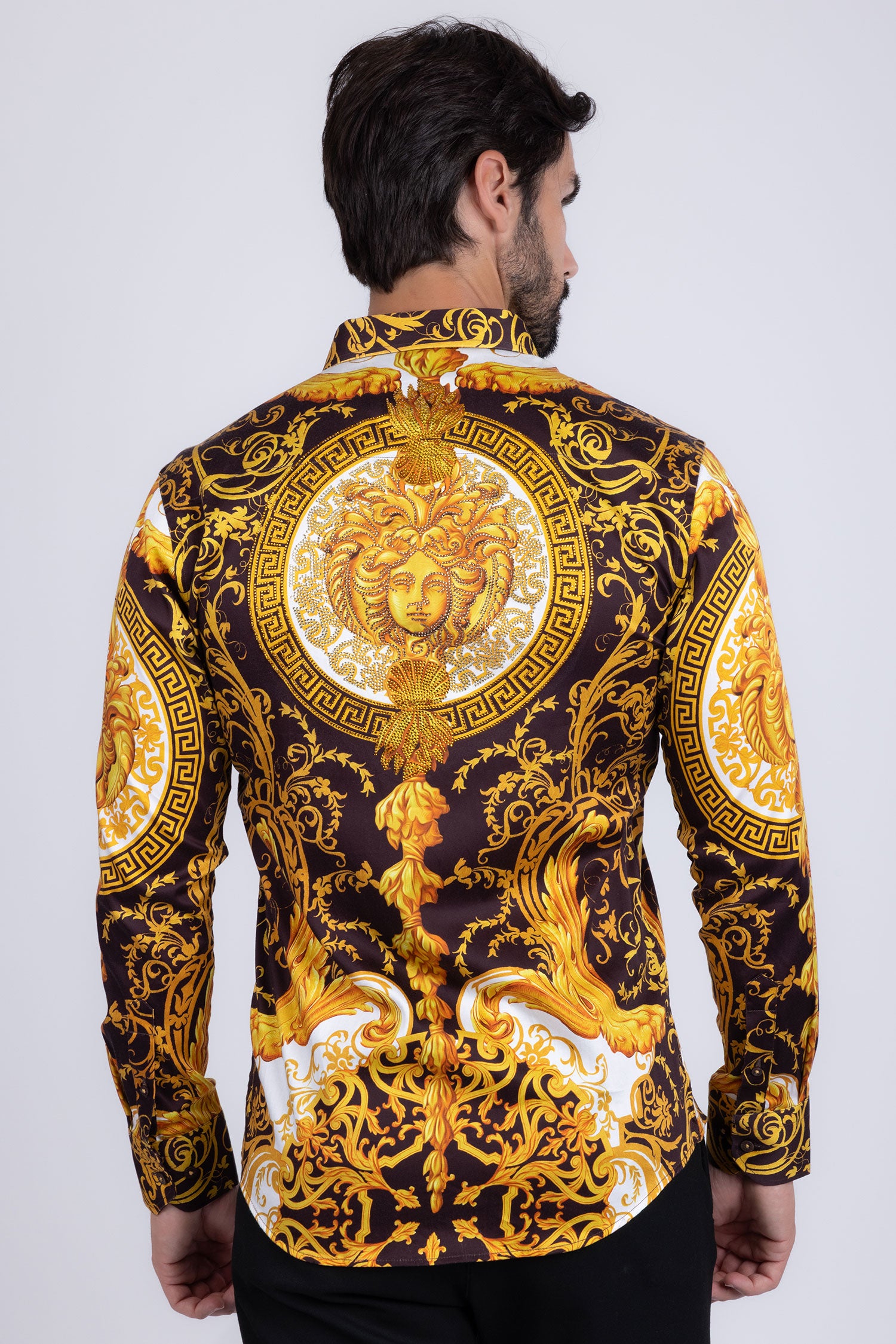 BARABAS Men Medusa Floral Print Design Button Down Luxury Shirt SPR265 Brown