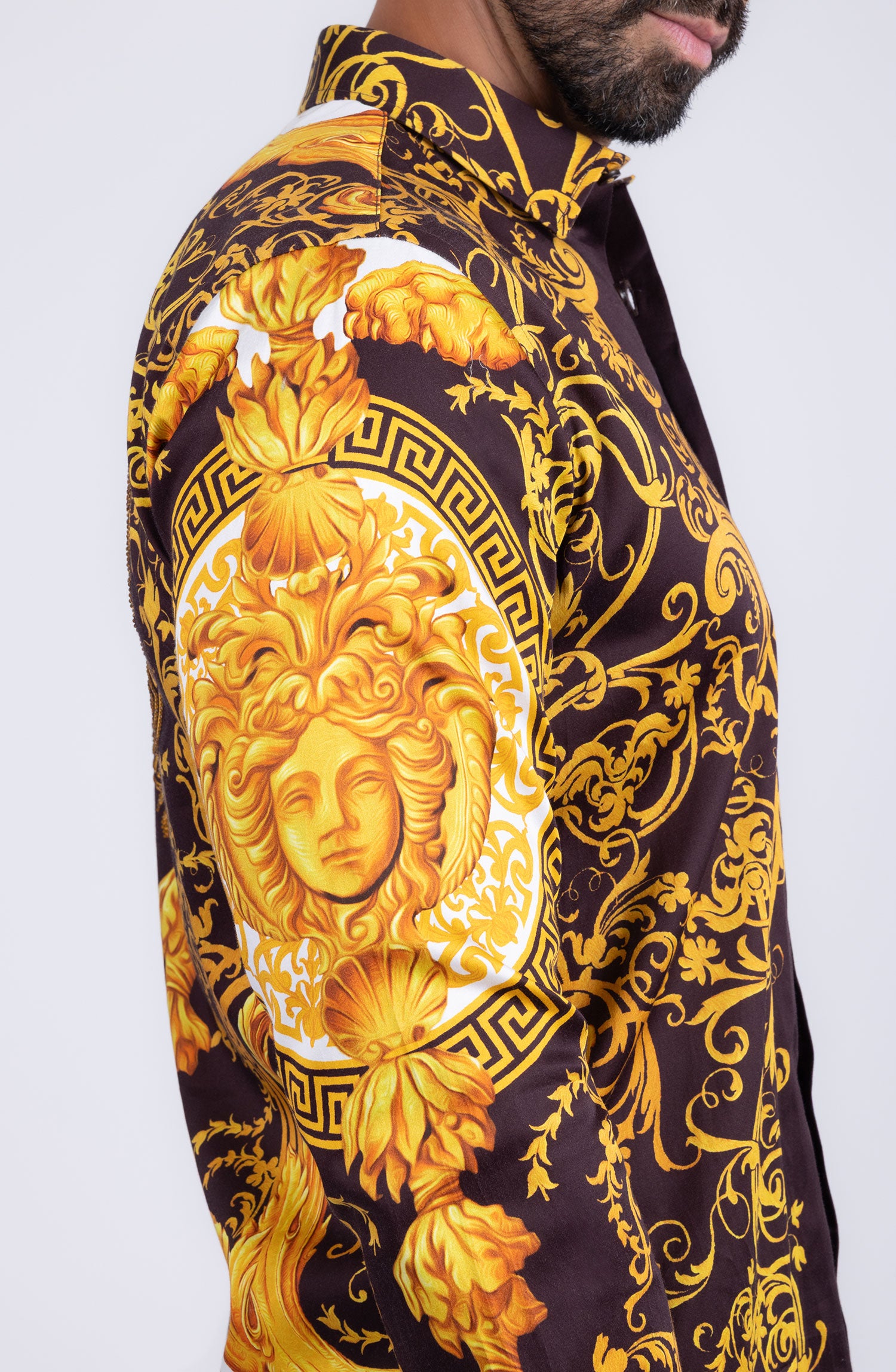 BARABAS Men Medusa Floral Print Design Button Down Luxury Shirt SPR265 Brown