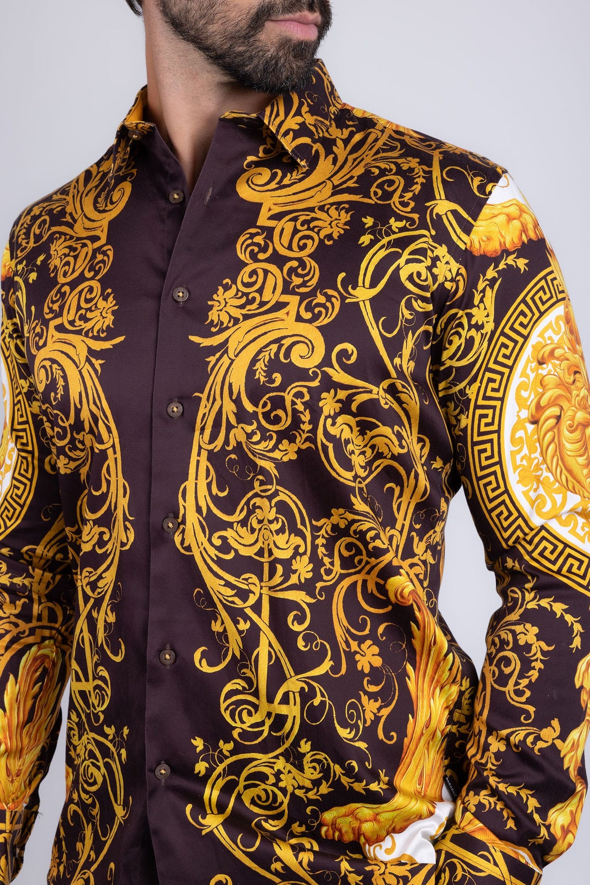 BARABAS Men Medusa Floral Print Design Button Down Luxury Shirt SPR265 #Color_Brown