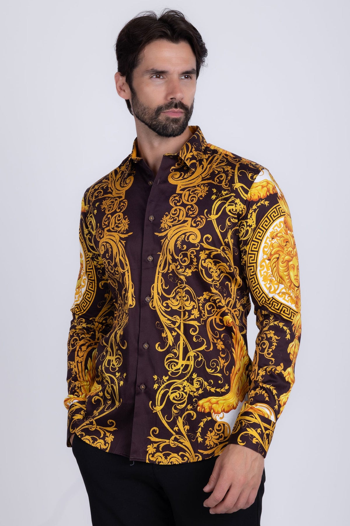BARABAS Men Medusa Floral Print Design Button Down Luxury Shirt SPR265 #Color_Brown