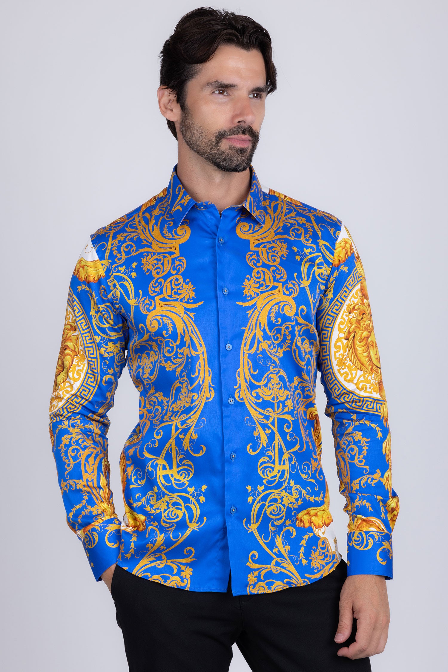 BARABAS Men Medusa Floral Print Design Button Down Luxury Shirt SPR265 Royal Blue