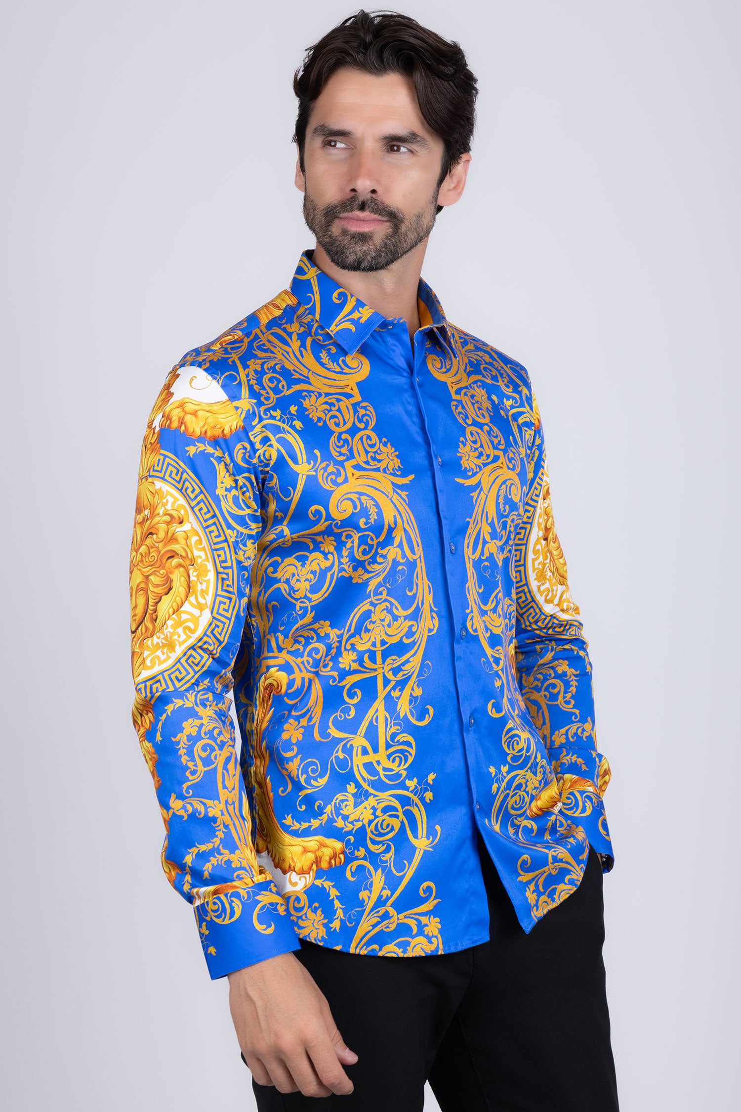 BARABAS Men Medusa Floral Print Design Button Down Luxury Shirt SPR265 Royal Blue