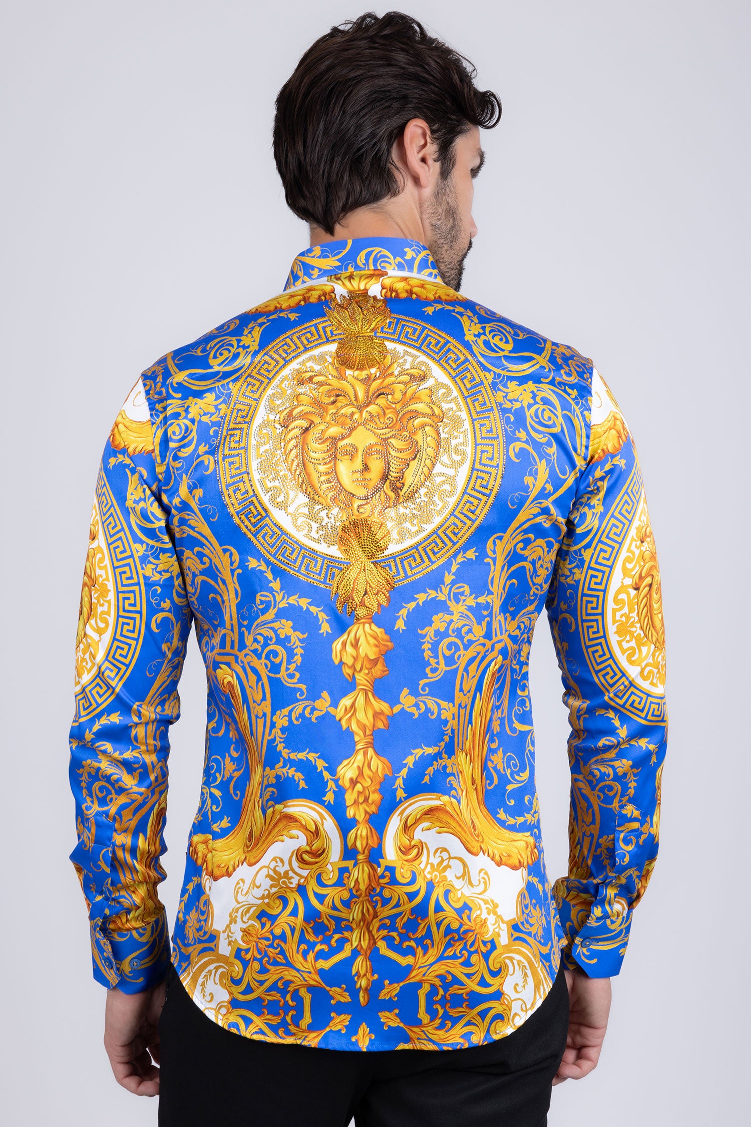 BARABAS Men Medusa Floral Print Design Button Down Luxury Shirt SPR265 Royal Blue