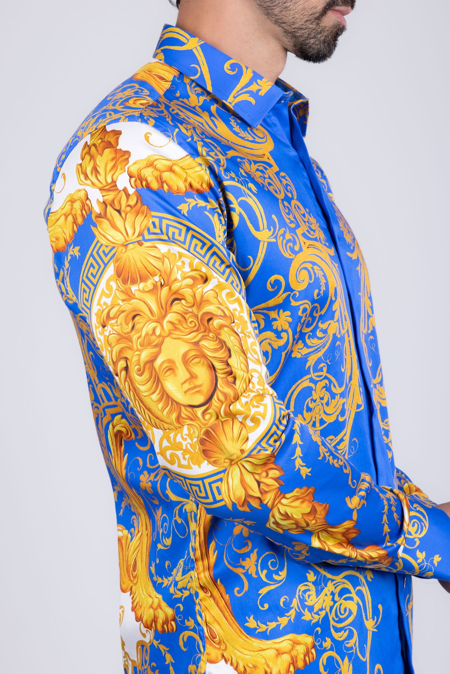 BARABAS Men Medusa Floral Print Design Button Down Luxury Shirt SPR265 Royal Blue