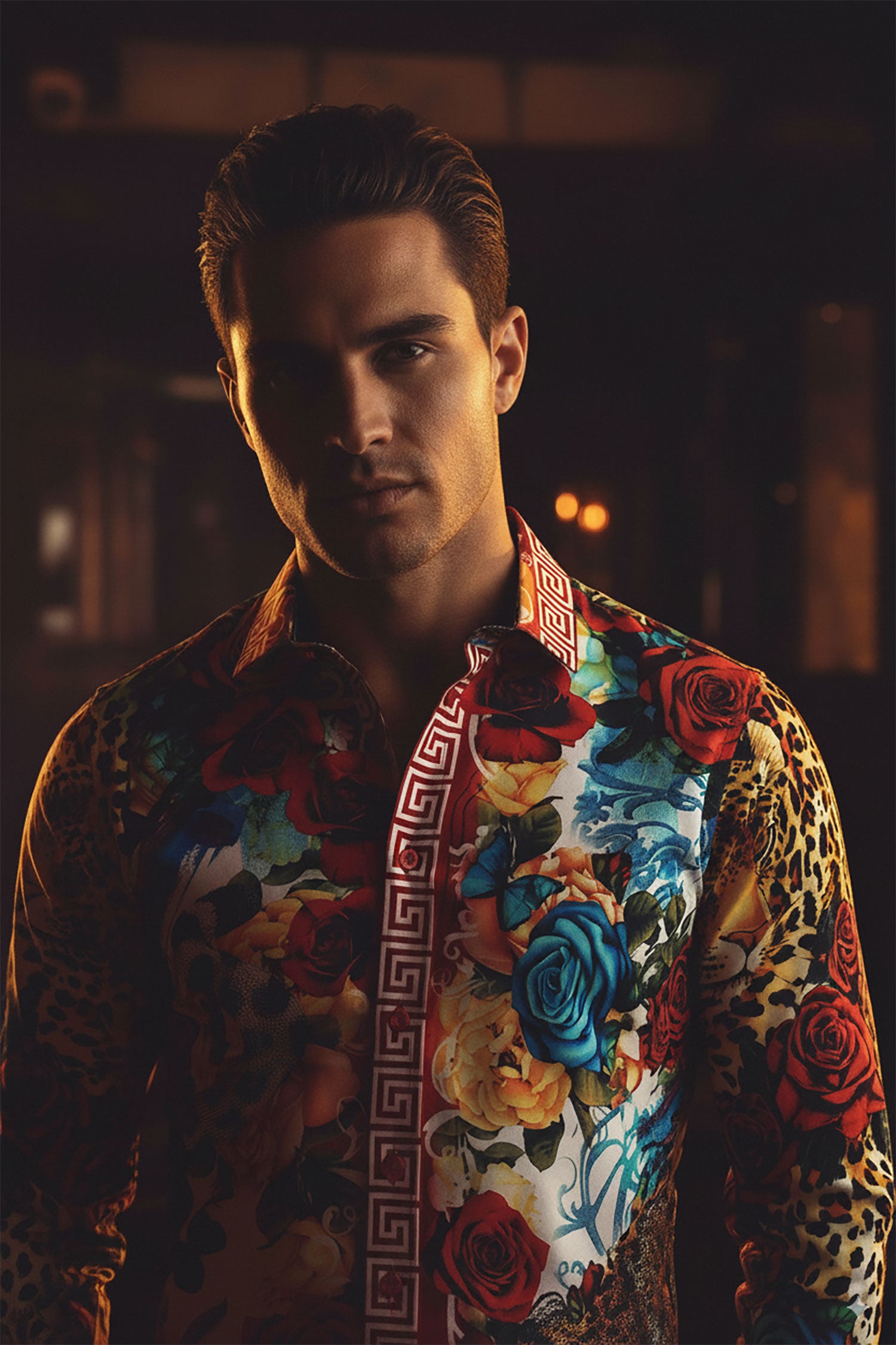 BARABAS Men's Rhinestone Baroque Greek Pattern Floral Shirts SPR609