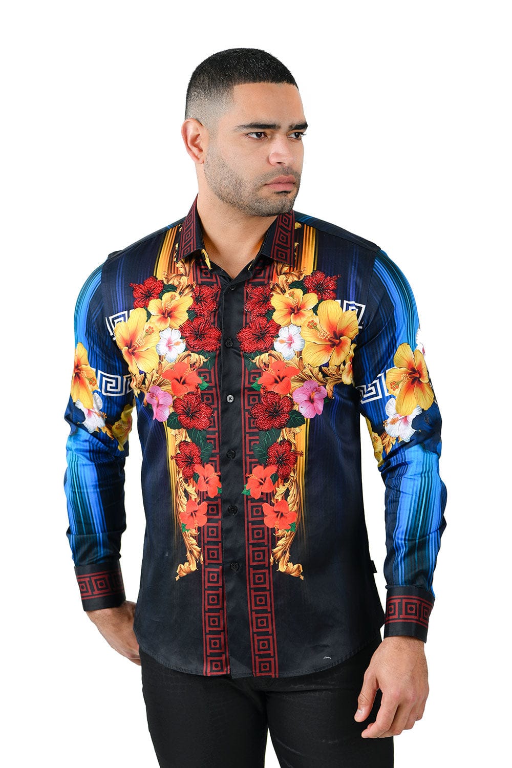 BARABAS Men's Rhinestone Floral Tiger Greek Pattern shirts SPR612 #Color_Navy