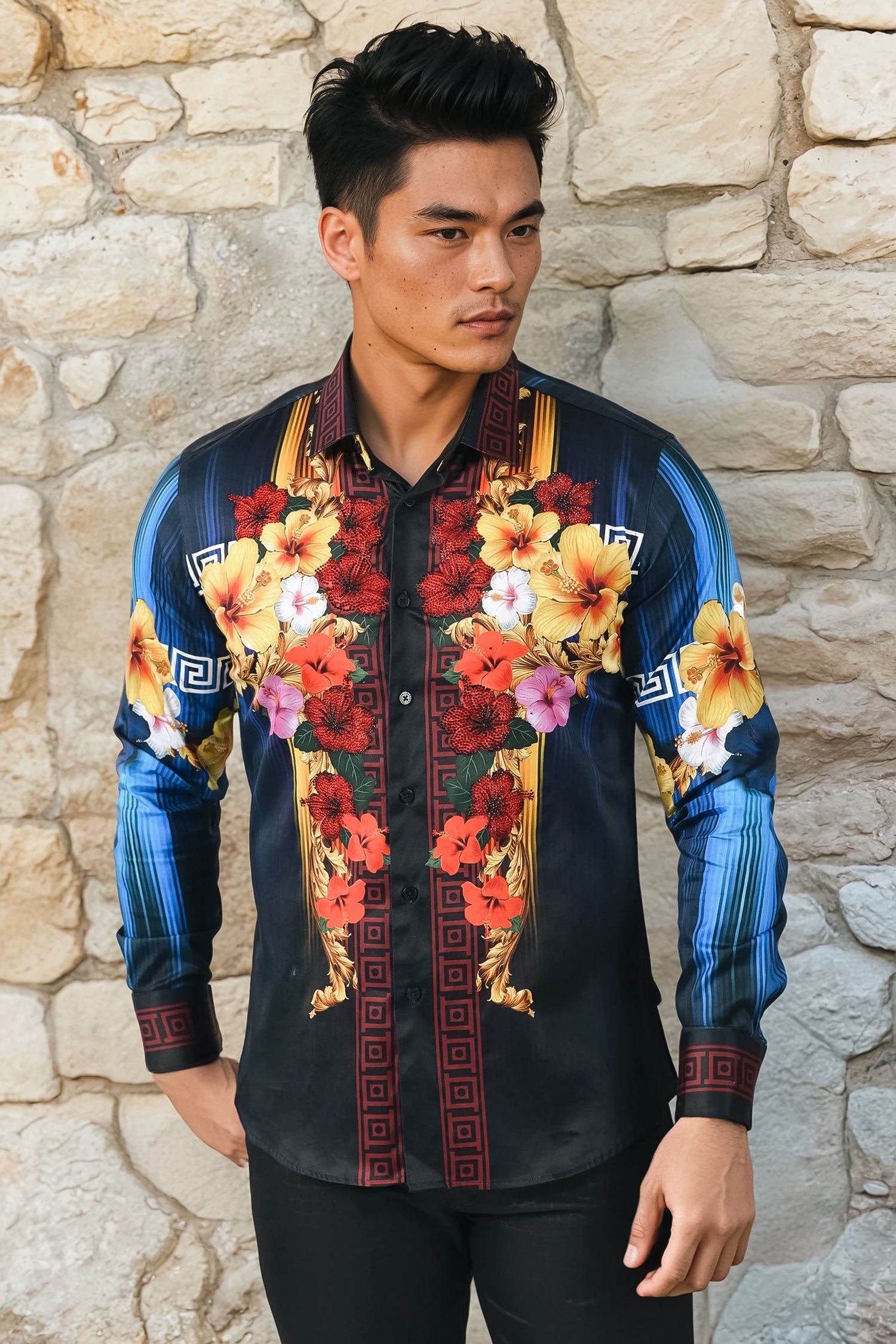 BARABAS Men's Rhinestone Floral Tiger Greek Pattern shirts SPR612 navy