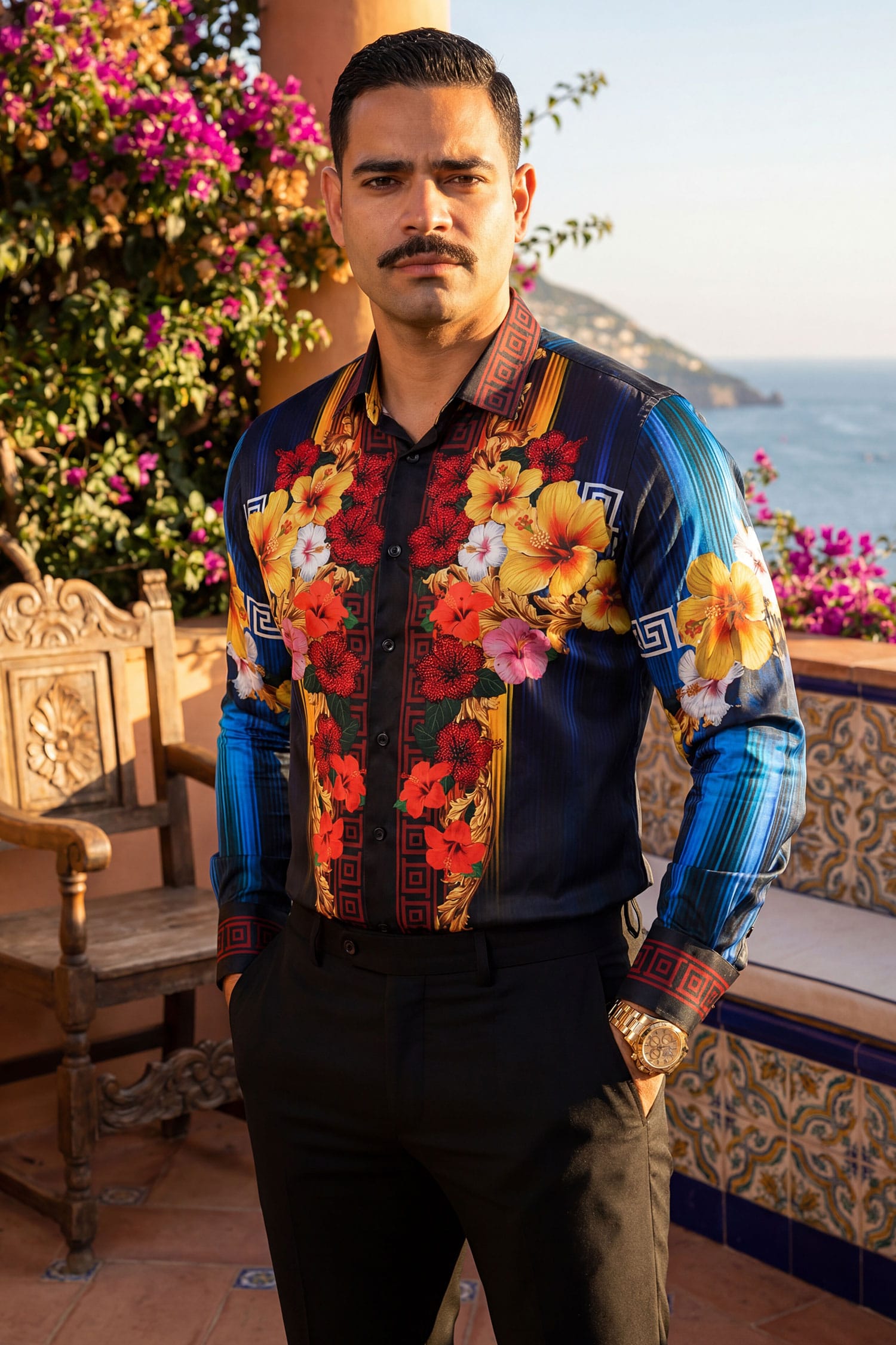 BARABAS Men's Rhinestone Floral Tiger Greek Pattern shirts SPR612 navy