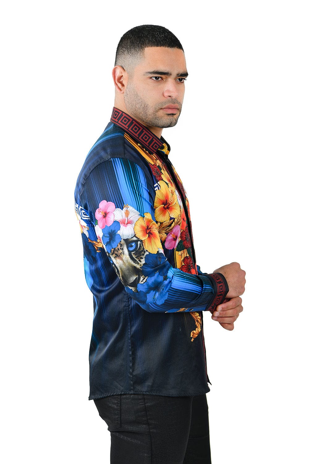 BARABAS Men's Rhinestone Floral Tiger Greek Pattern shirts SPR612 #Color_Navy