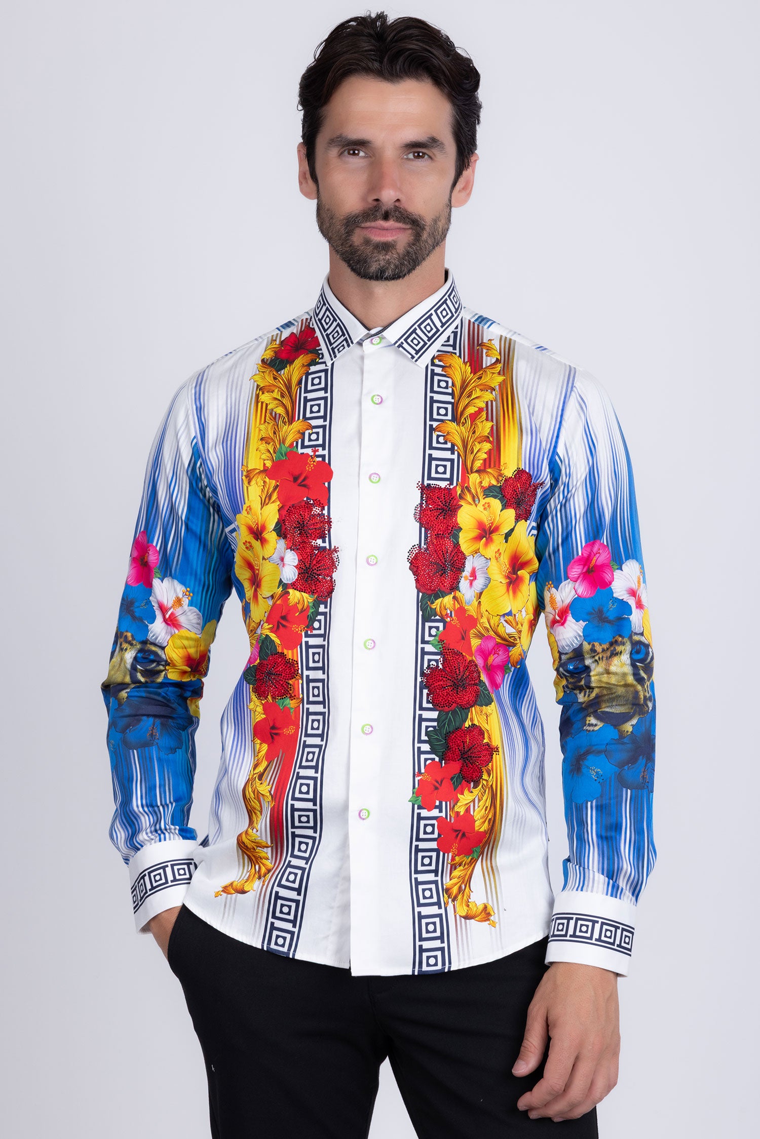 BARABAS Men's Rhinestone Floral Tiger Greek Pattern shirts SPR612 White Blue