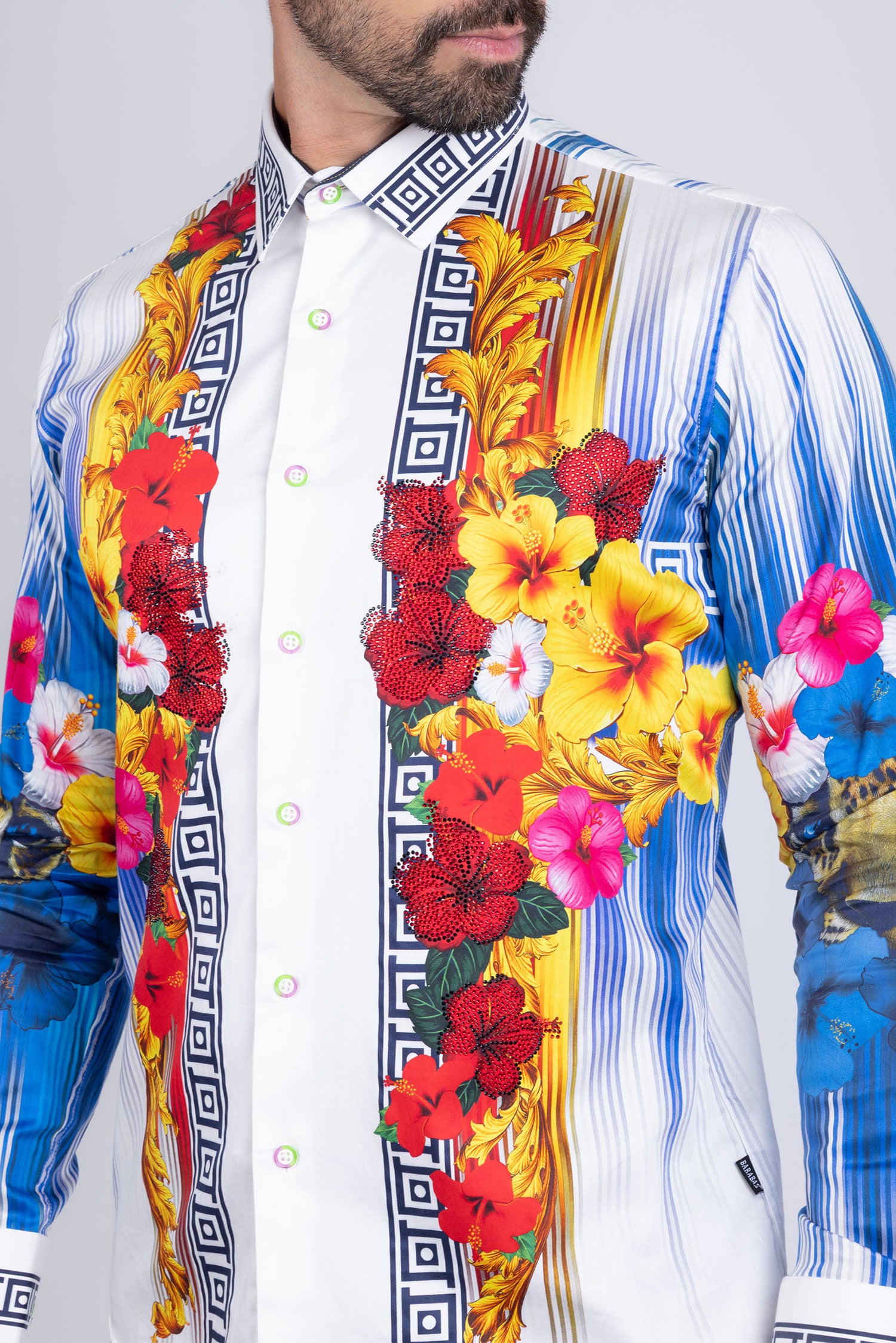 BARABAS Men's Rhinestone Floral Tiger Greek Pattern shirts SPR612 White Blue