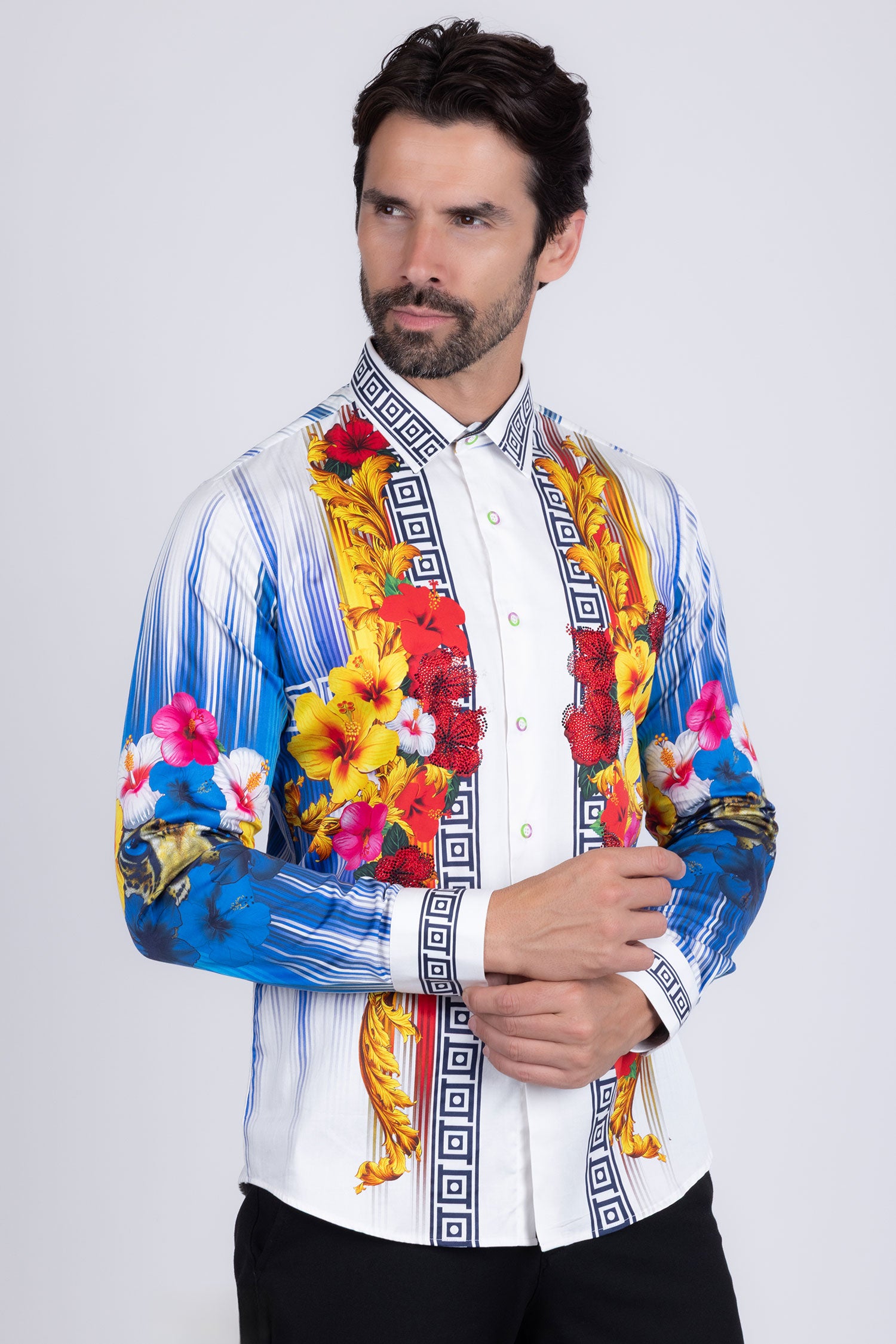 BARABAS Men's Rhinestone Floral Tiger Greek Pattern shirts SPR612 White Blue