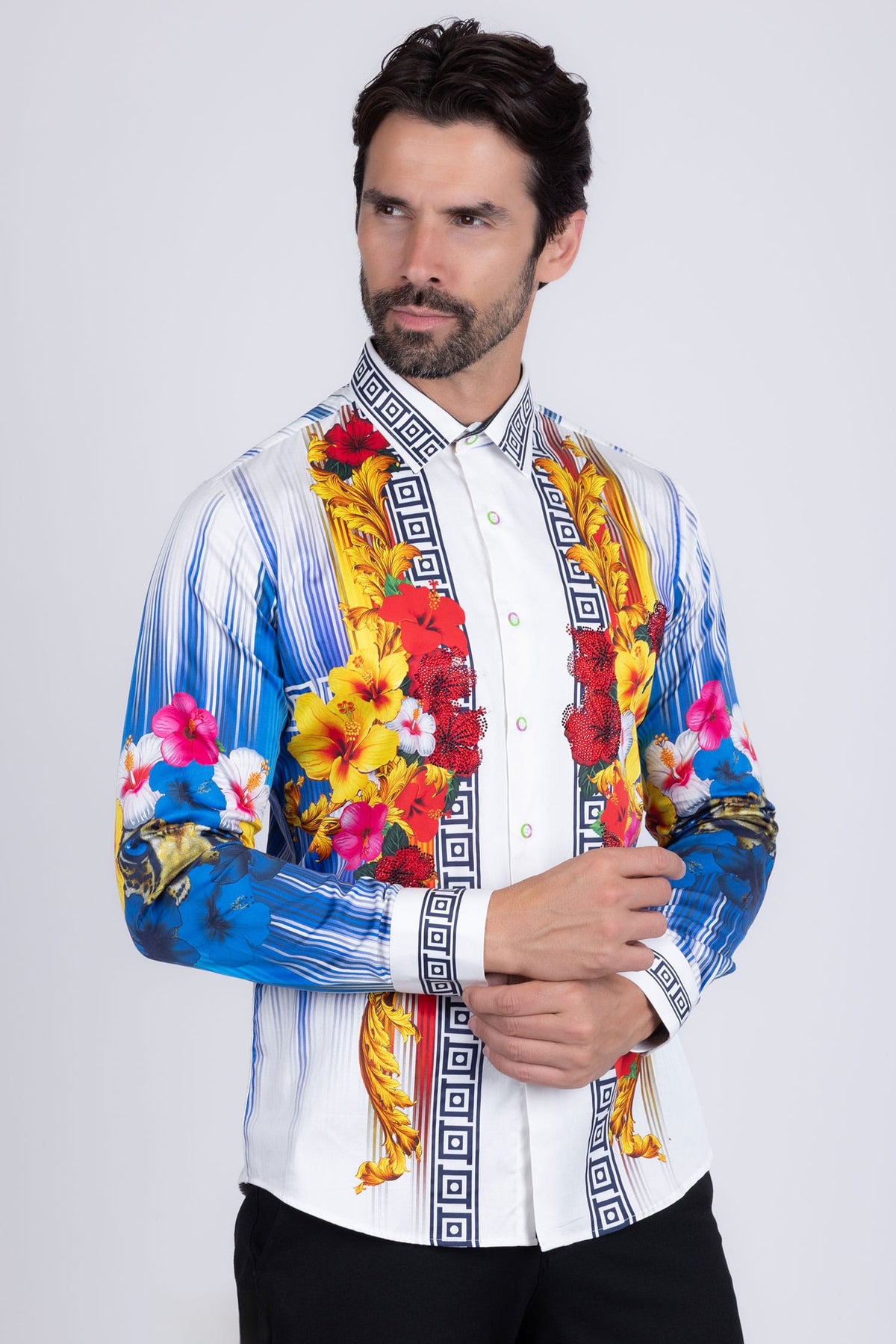 BARABAS Men's Rhinestone Floral Tiger Greek Pattern shirts SPR612 #Color_White