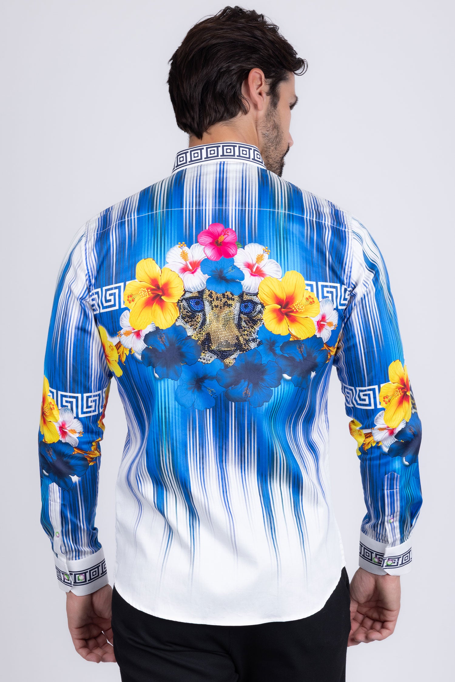 BARABAS Men's Rhinestone Floral Tiger Greek Pattern shirts SPR612 White Blue
