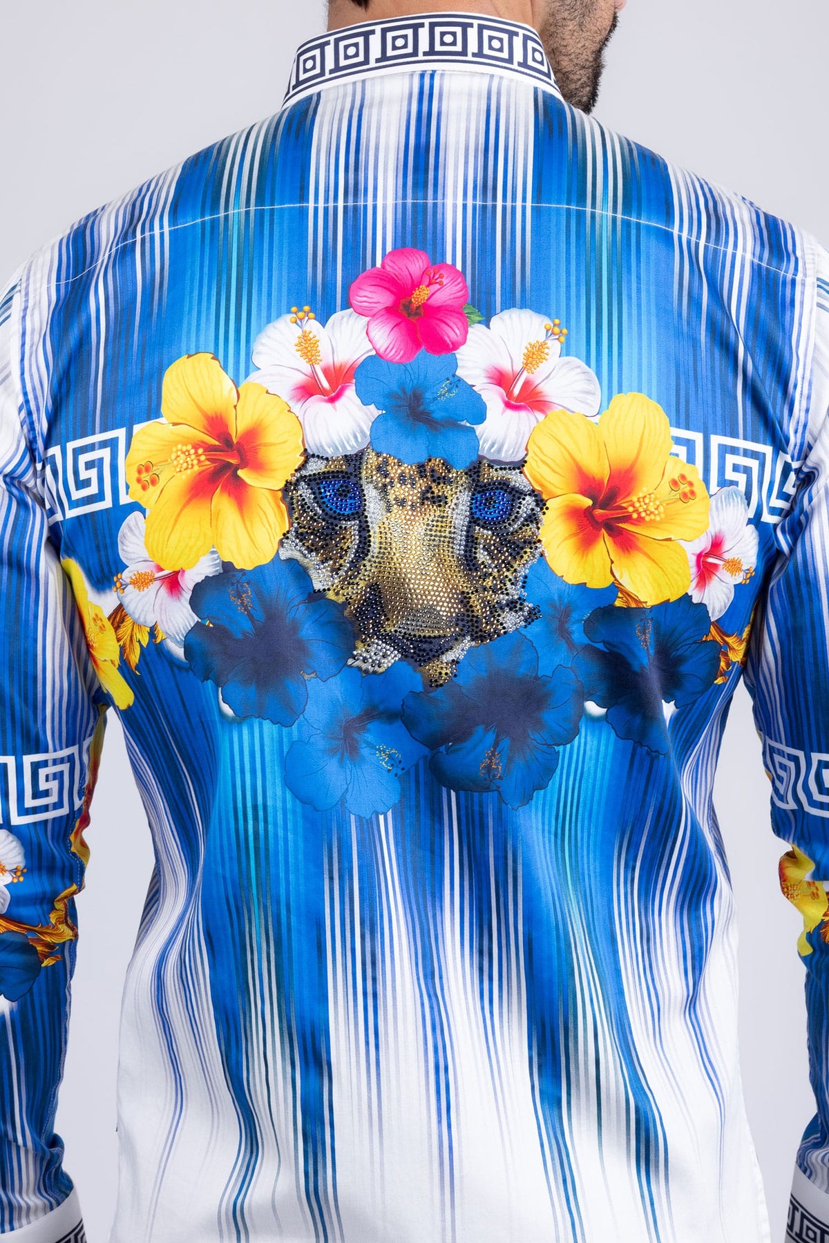 BARABAS Men's Rhinestone Floral Tiger Greek Pattern shirts SPR612 #Color_White