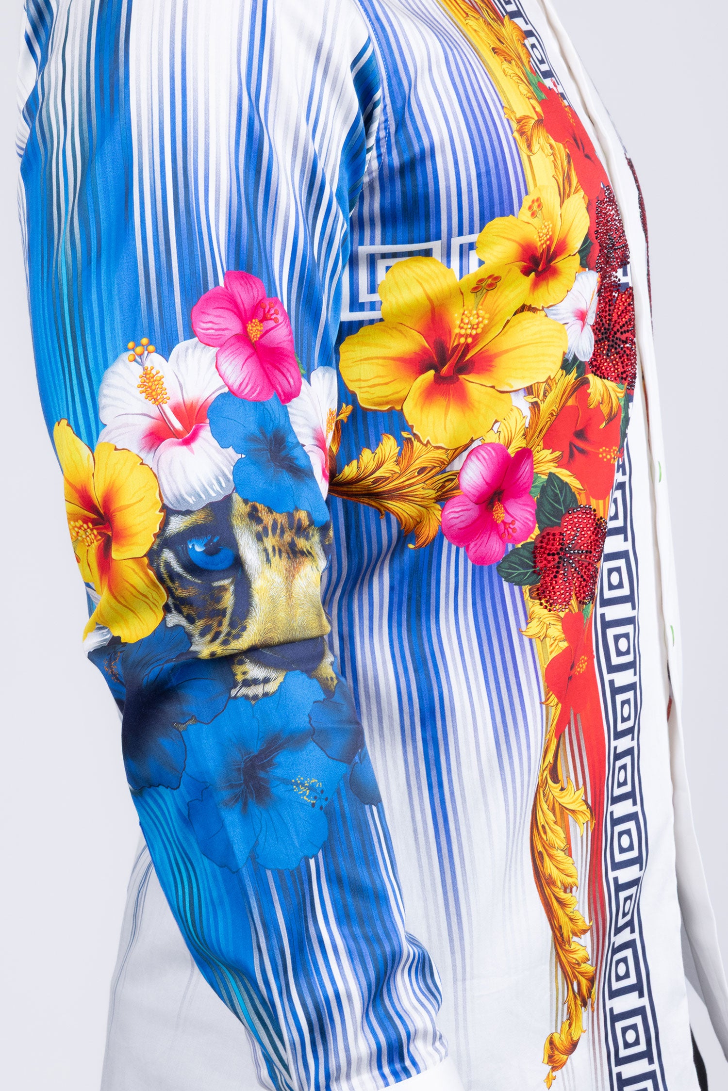 BARABAS Men's Rhinestone Floral Tiger Greek Pattern shirts SPR612 White Blue