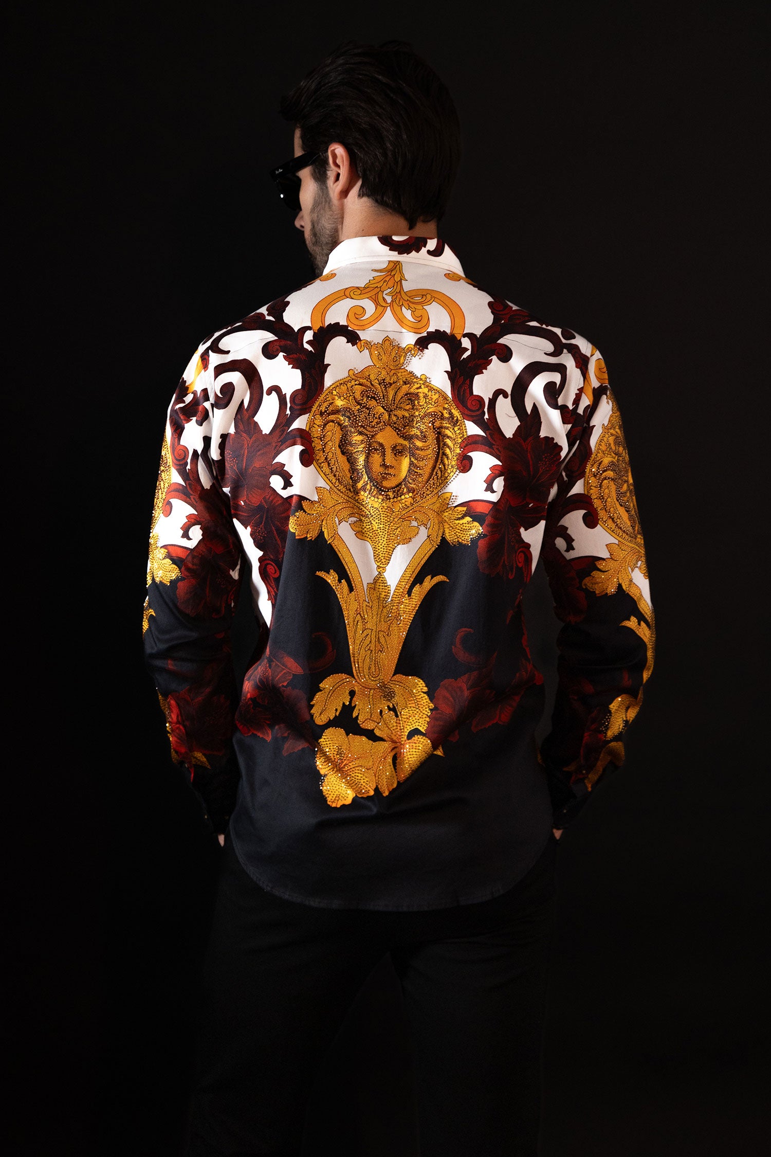 Barabas Men's Rhinestone Medusa Baroque Long Sleeve Shirt SPR950 Black