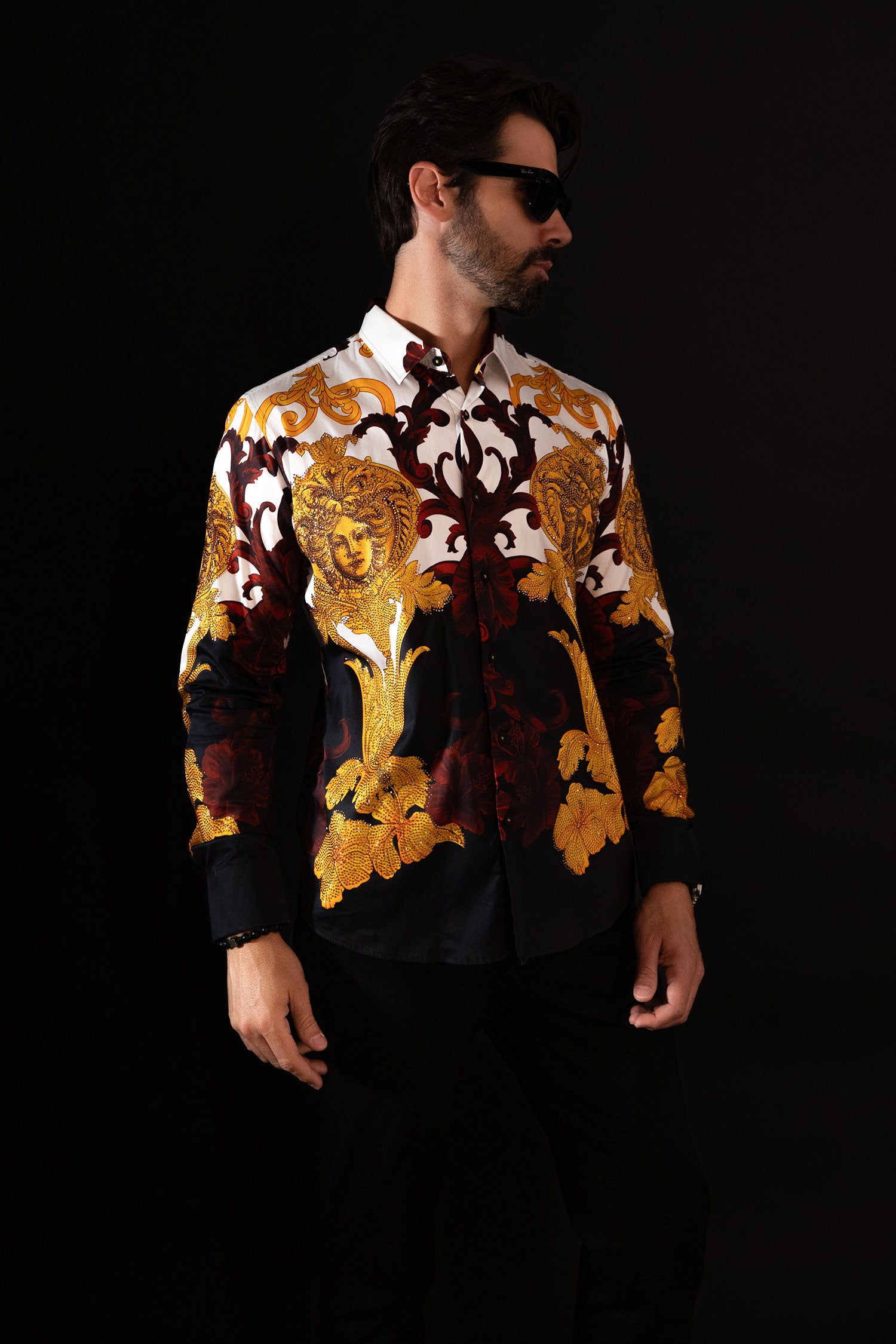 Barabas Men's Rhinestone Medusa Baroque Long Sleeve Shirt SPR950 Black